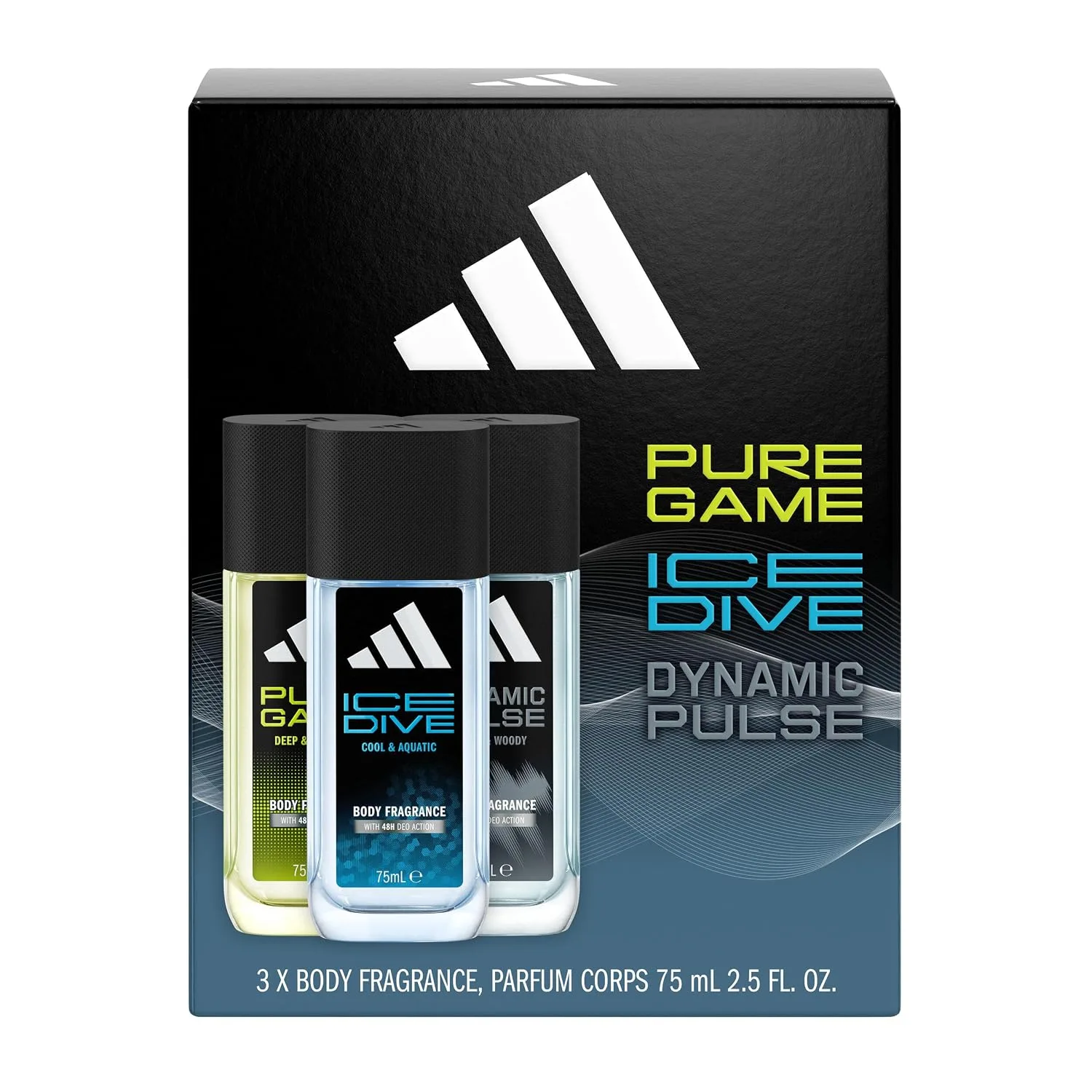adidas Giftset Pure Game, Ice Dive and Dynamic Pulse Body Fragrance (75ml, 2.5fl oz), for him, Notes of Rosemary, Lemon, Peppermint, and Grapefruit, Men's Fragrance, Long Lasting, Sporty Fragrance