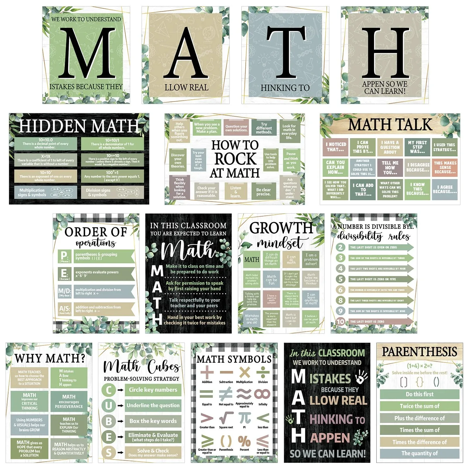 Set de 16 Pósters Matemáticos Obusatt para Aula Decoración Escolar