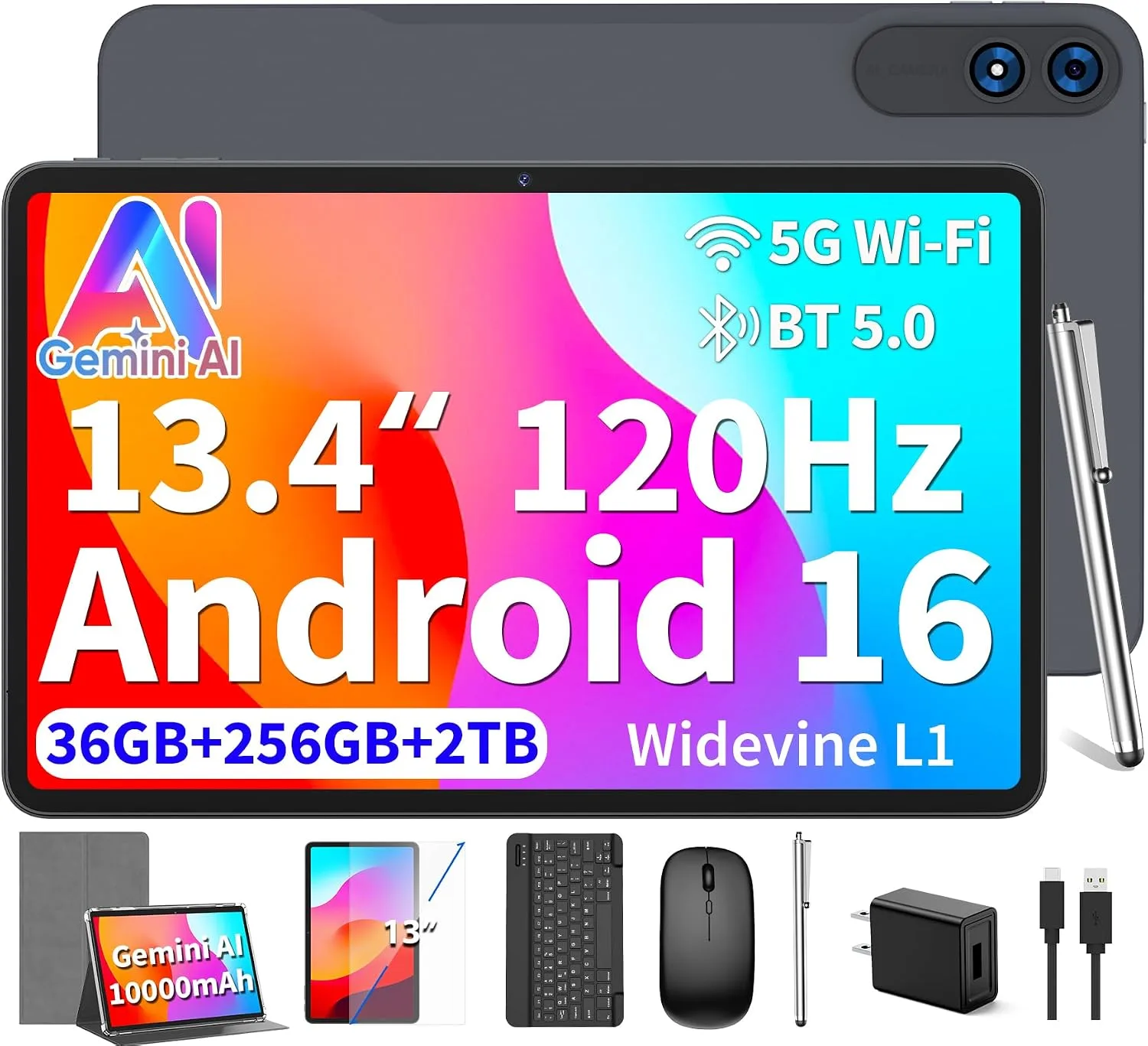 Android 16 Tablet 13 inch - Tablet with 36GB+256GB+2TB Expand, Silver Case