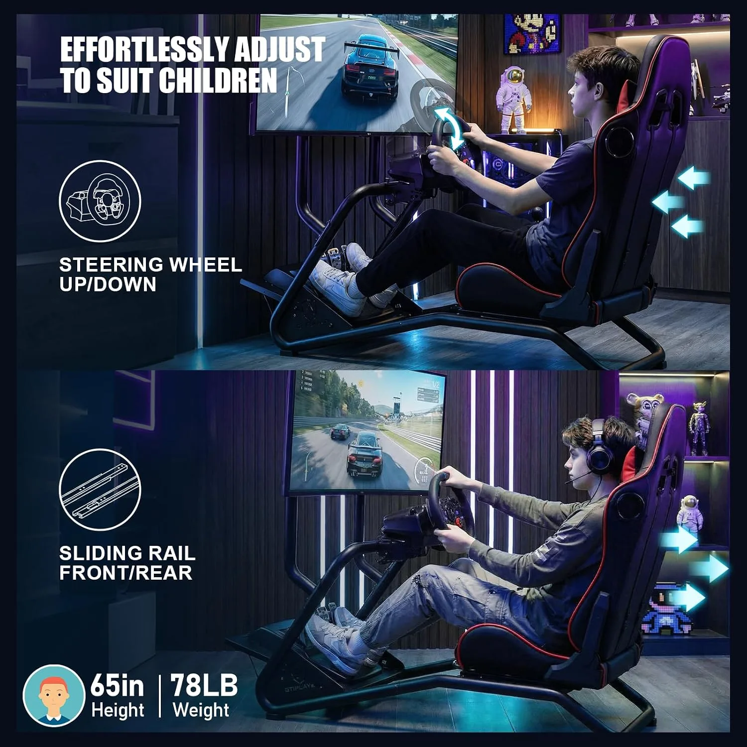 GTPLAYER Racing Simulator Cockpit with Monitor Stand and Seat and Bluetooth Speakers, Racing Style Reclining Seat and Ultra-Sturdy Alloy Steel Frame Racing Wheel Pedals NOT Included, Red