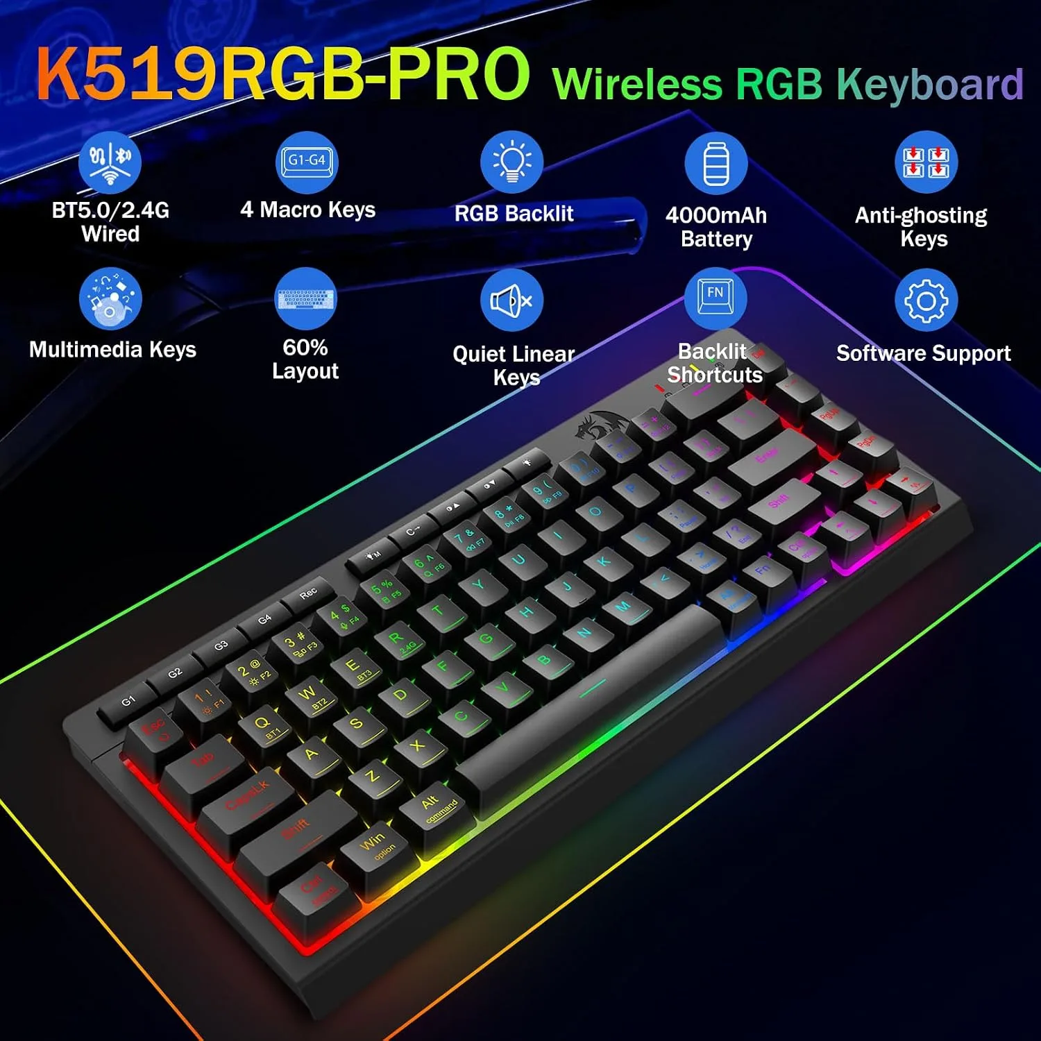 Redragon Wireless Gaming Keyboard, RGB Backlit, Portable 60% Design, Black