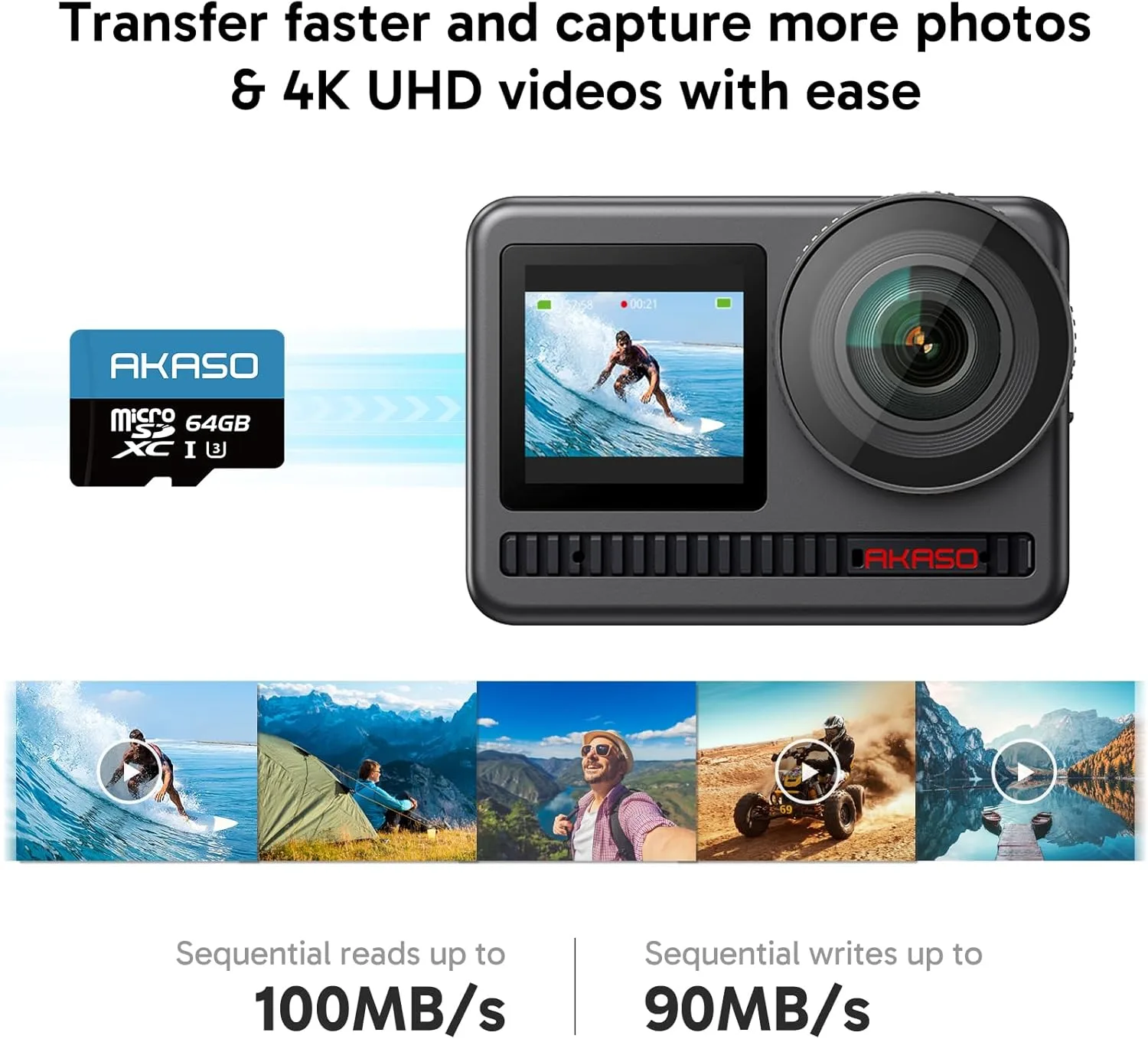 AKASO 64GB microSDXC U3 MicroSD Card- Up to 100MB/s