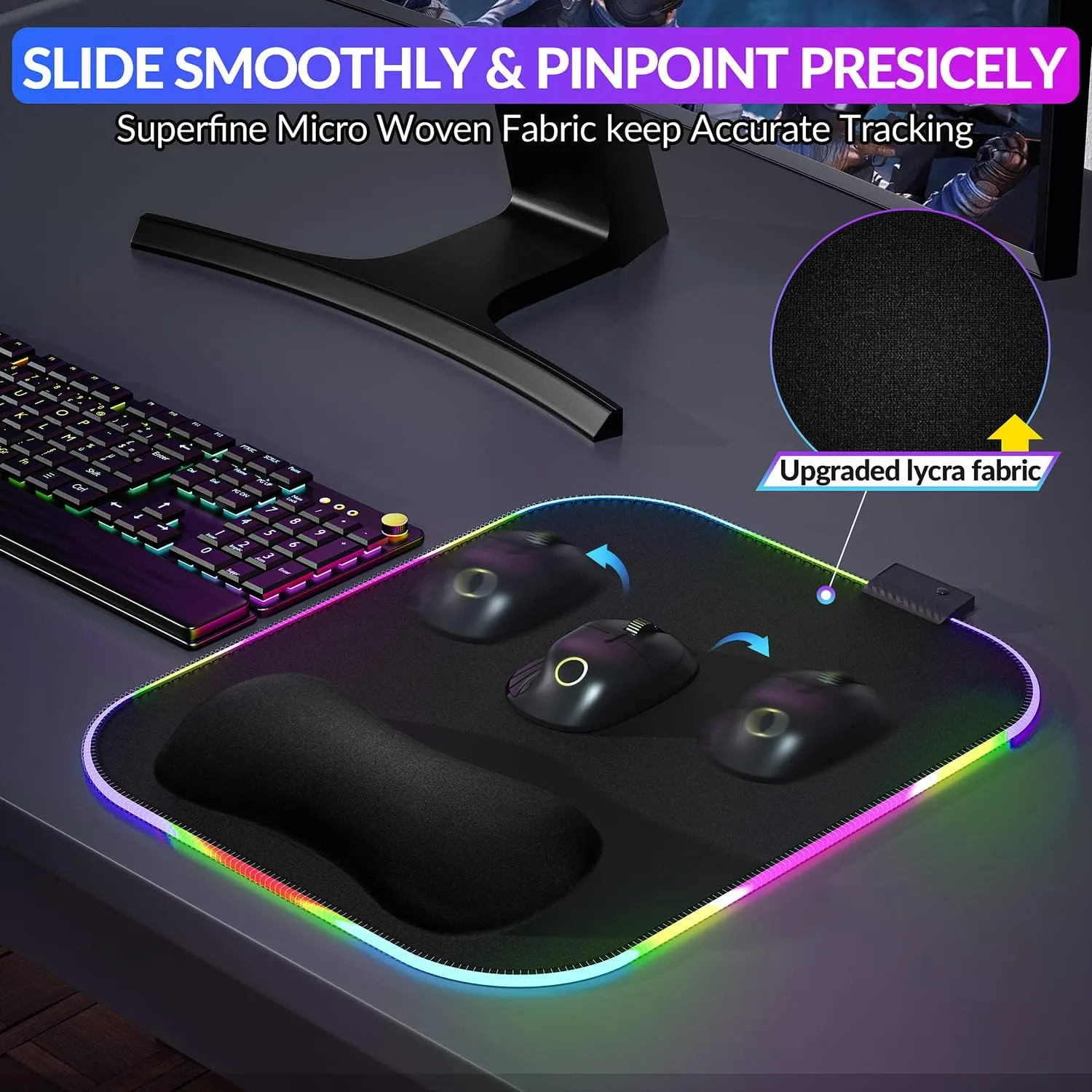 Gimars RGB Mouse Pad with Wrist Rest Support, 12 x 10 in Extra Large Ergonomic Gaming Mouse Pad with 10 LED Lighting Modes, Non-Slip Rubber Base for PC Gaming & Office