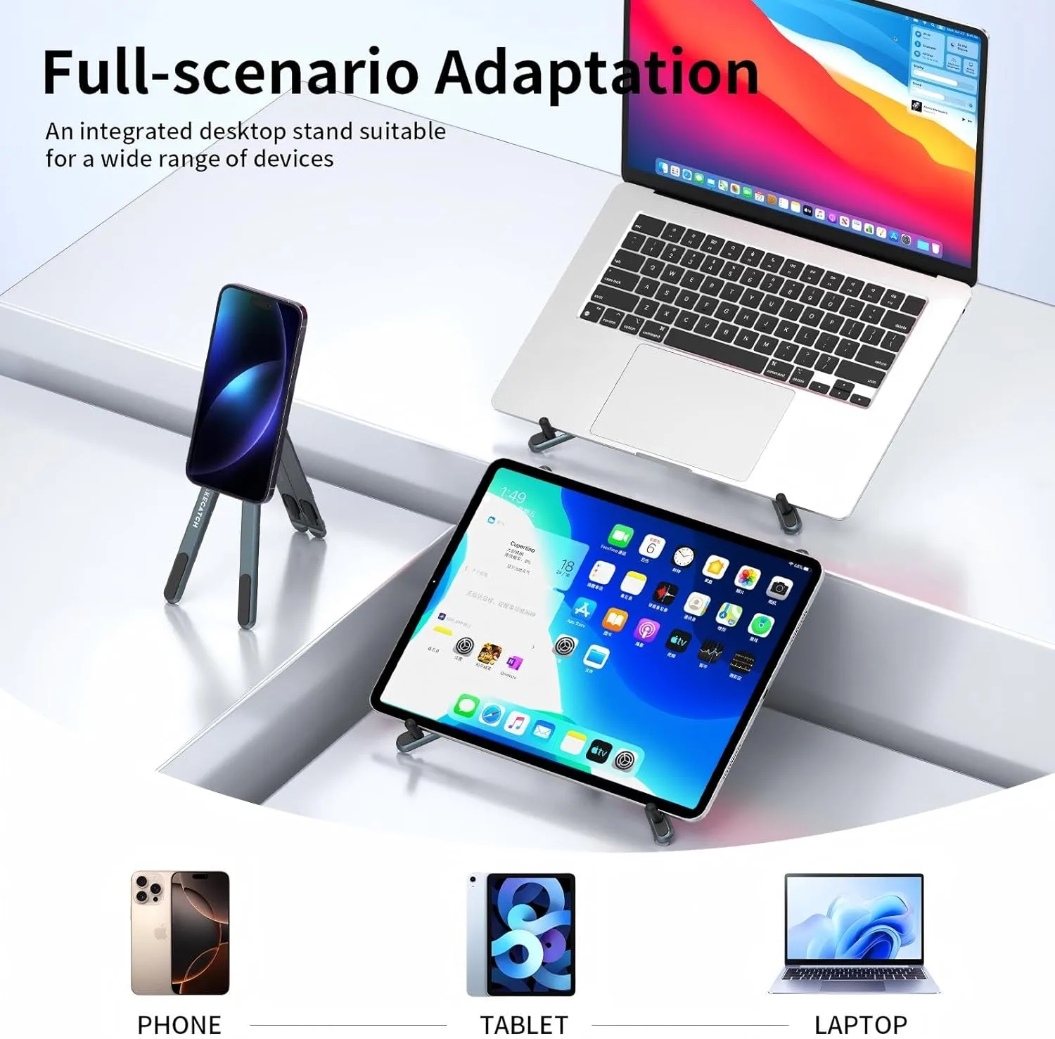 Portable Laptop Stand for Desk, 3-in-1 Adjustable Holder (Gray)