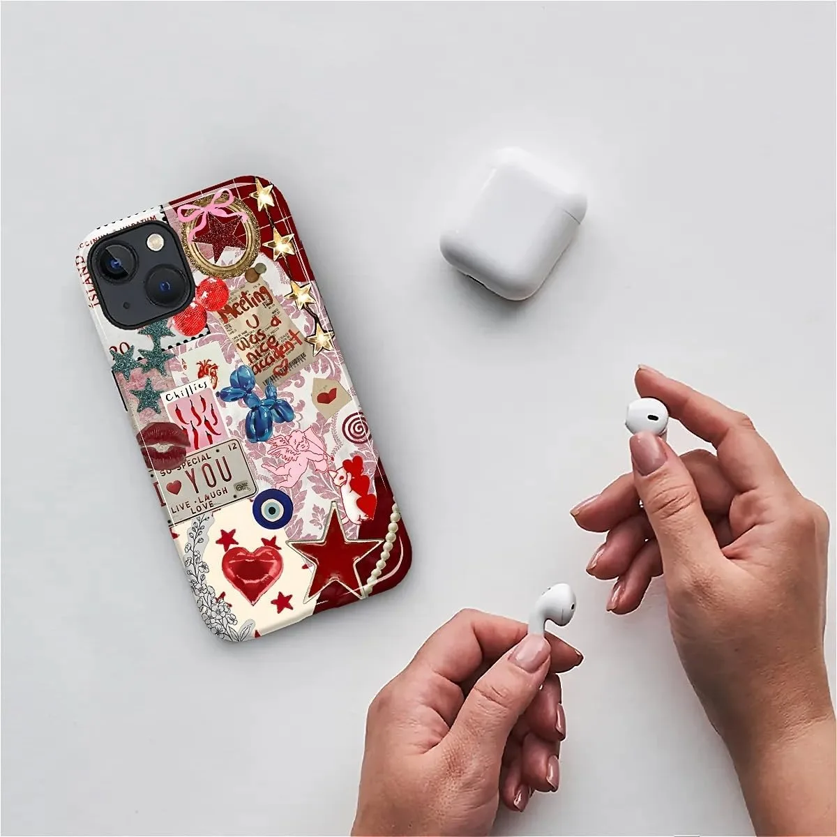 DAIZAG Case for iPhone 15 Plus,Mixed 2 Layer Design Shockproof Soft TPU Ddouble Protection Phone Case for iPhone 15 Plus-Conch Red Pearl Collage
