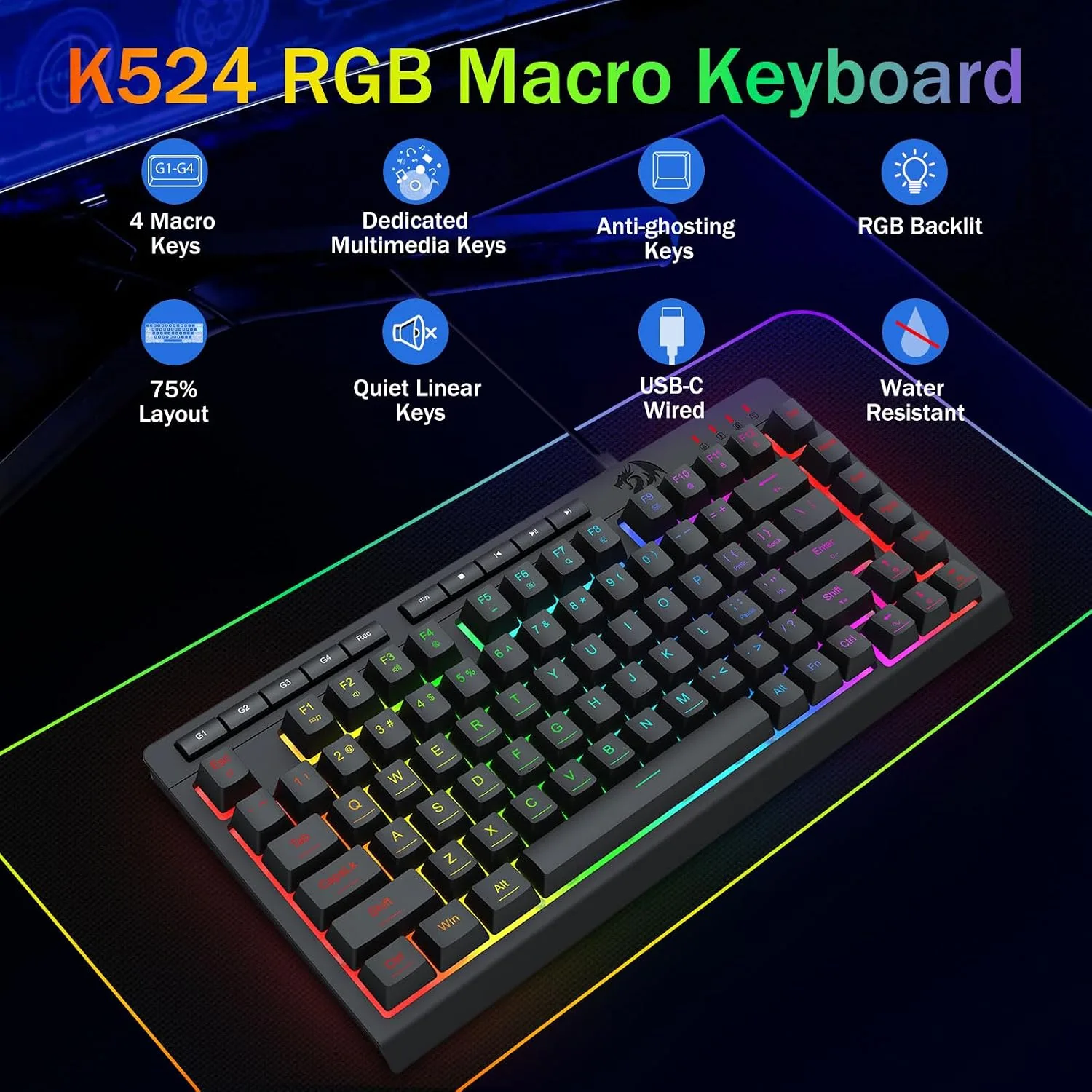 Redragon K524 75% Wired Gaming Keyboard, RGB Backlit, Whisper-Quiet, Black