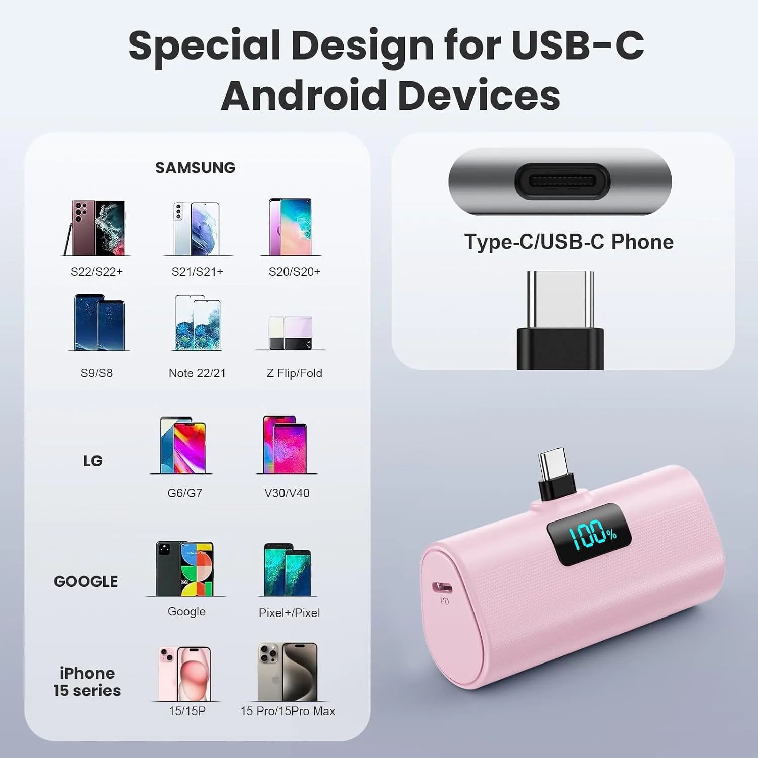 [2-Pack]Portable Charger for iPhone 16/15 Series,5200mAh PD USB C Power Bank Built-in USB-C Connector,Battery Pack Compatible with iPhone 16/16 Plus/16 Pro/16 Pro Max/15 Series,Android (Pink+Purple)