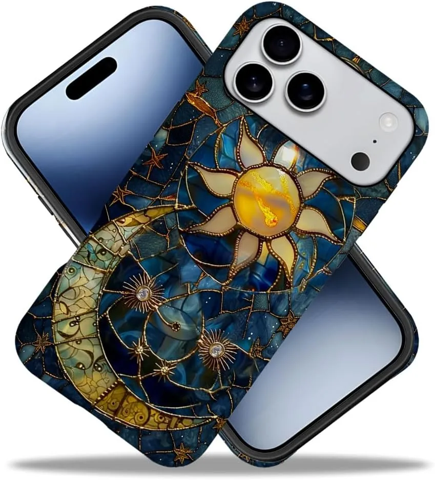 Case Compatible with iPhone 18 Pro Max/iPhone 17 Pro Max,Fall Prevention Hybrid 2-Layer Hard Shell Phone Cover for Girls Boys,Sun Moon Celestial Glass