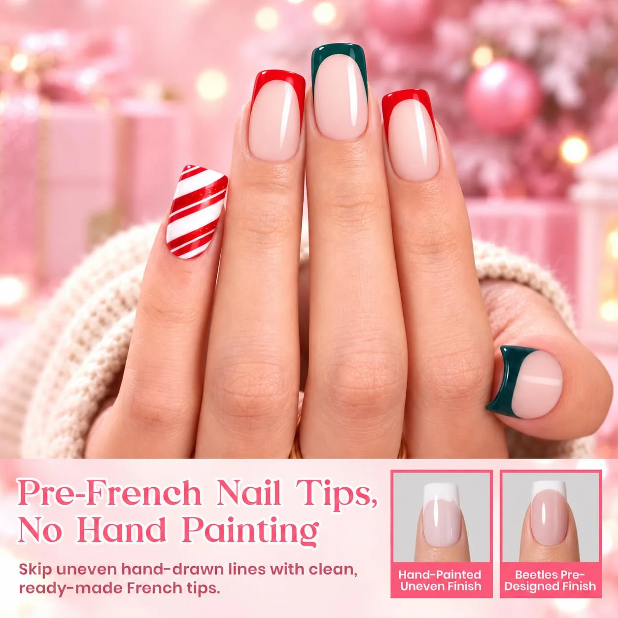 Beetles Christmas Press On Nail Tips, 224 Short Squoval, 16 Sizes