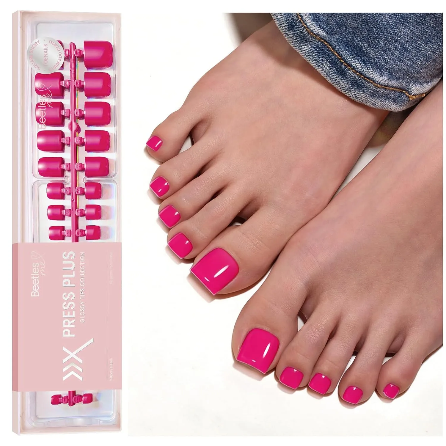 Beetles Press On Toenails - Berry Pie, Hot Pink Short Square 150 Pcs