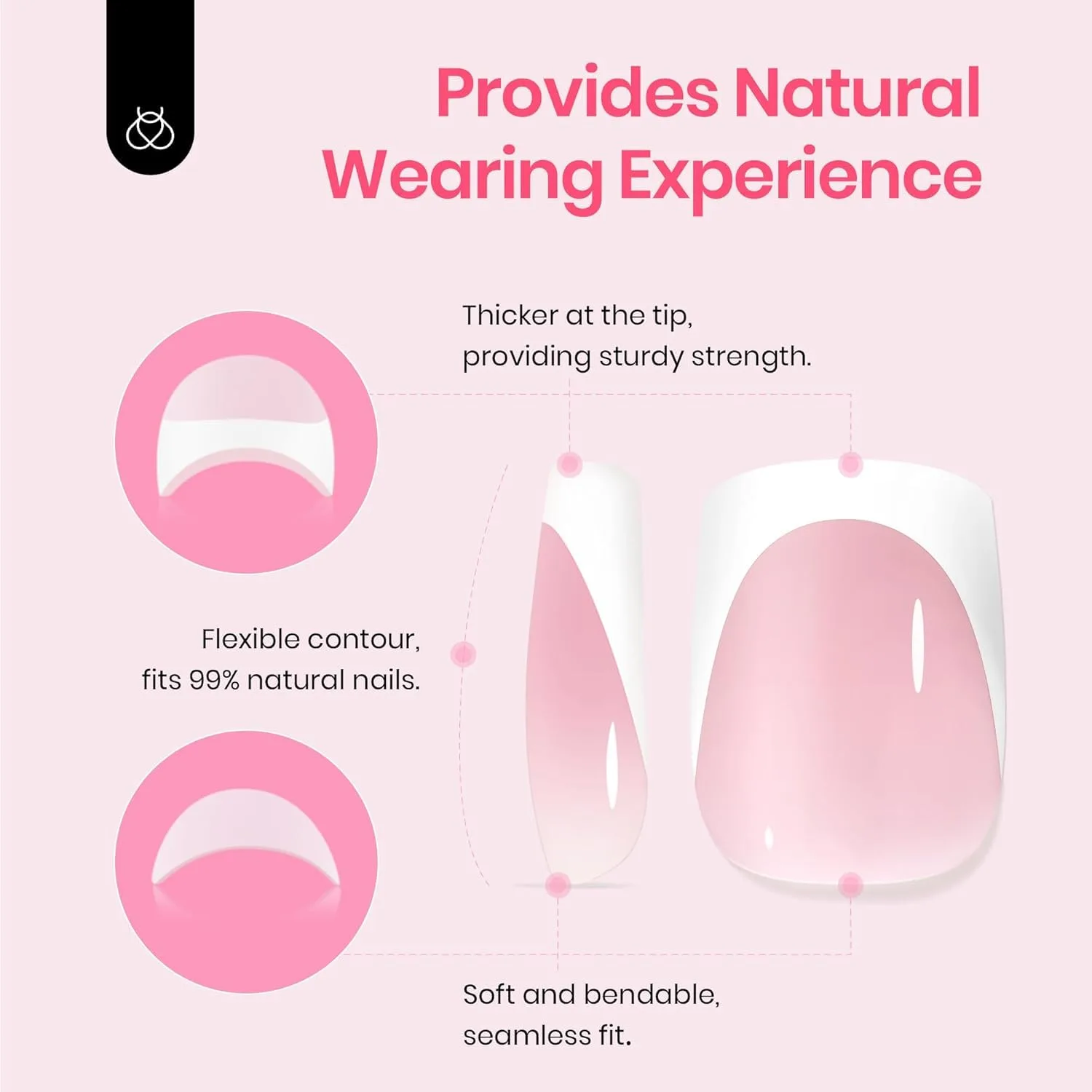 Beetles Short Squoval French Tip Press On Nails, Pink 64 Pcs 16 Sizes