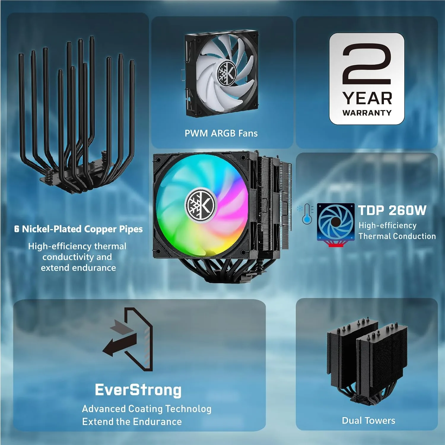 KINGCOOL CRYO Titan 120 ARGB Dual-Tower CPU Air Cooler Max 260W TDP, Black