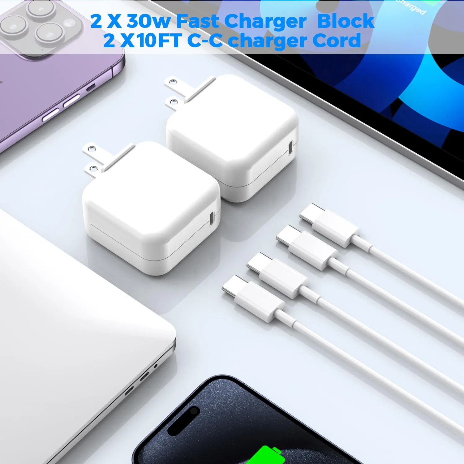 USB C Charger for MacBook Air MacBook Pro 13 14 15 16 inch,M1 M2 M3 Apple Laptop Charge,2Pack 30W USBC Power Adapter,Compatible with iPhone 17/16/15 Pro Max,10FT Extra Long Cable Mac Book Pro,iPad Pro