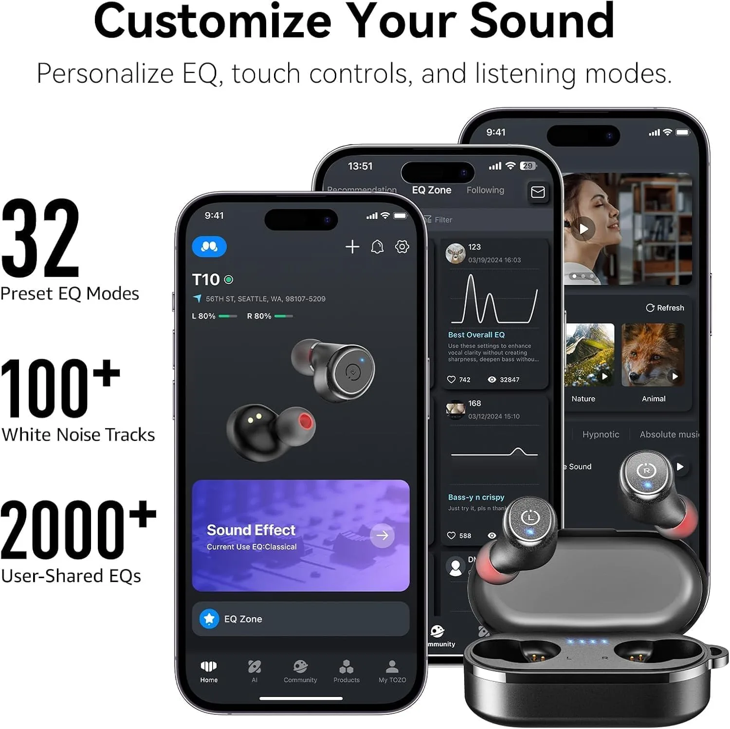 TOZO T10 Wireless Earbuds Powerful Bass Stereo Wireless Charging, APP, IPX8