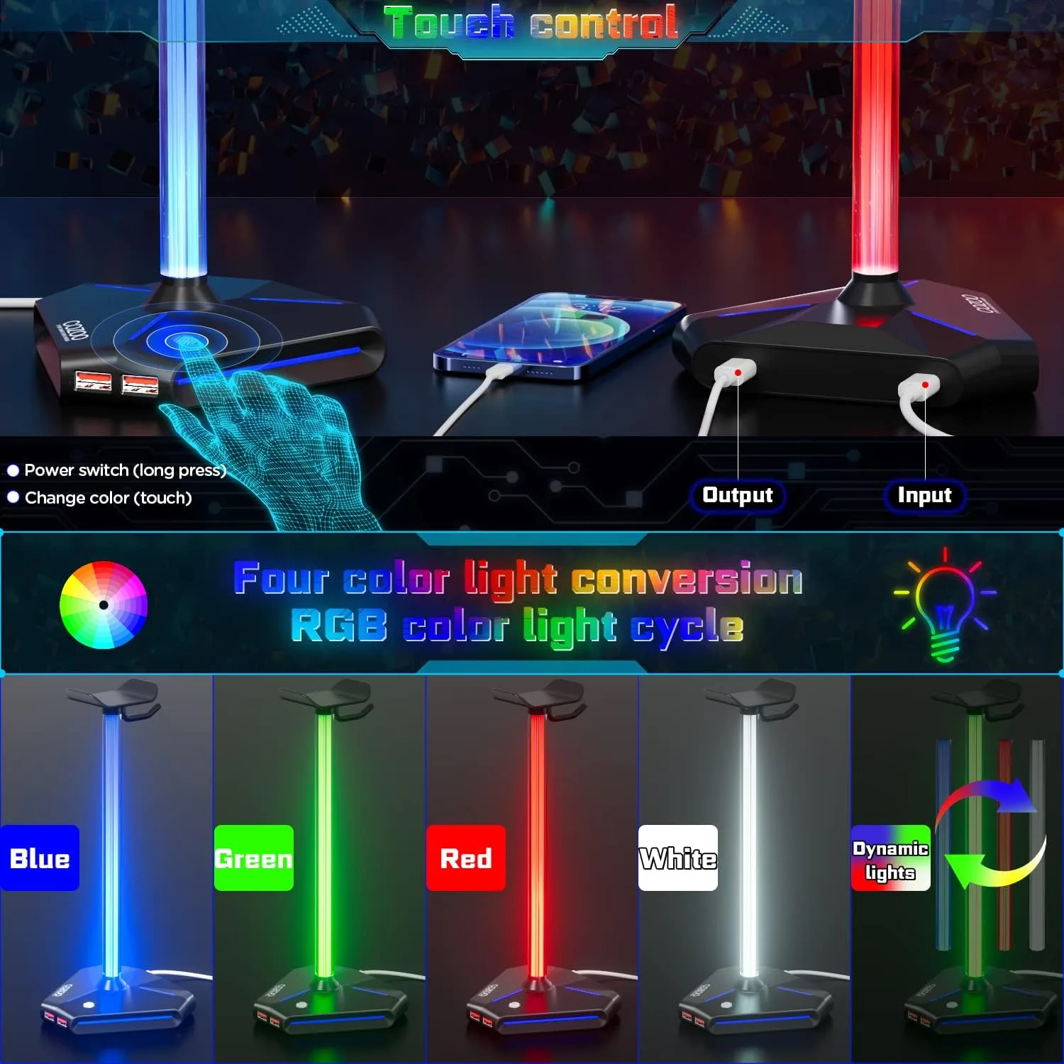 cozoo Desk headset stand Touch RGB Light Stand 4 Color Modes 2 USB Black