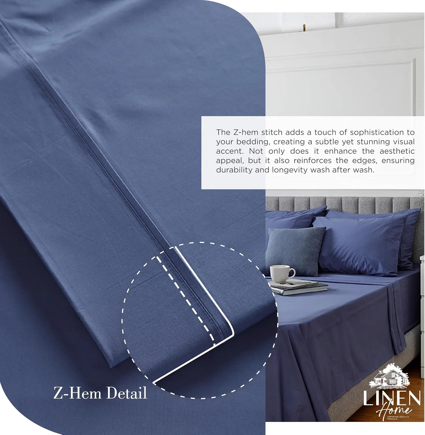 Linen Home 100% Cotton Percale King Sheets, 4 Pc Cooling Set - Dark Blue