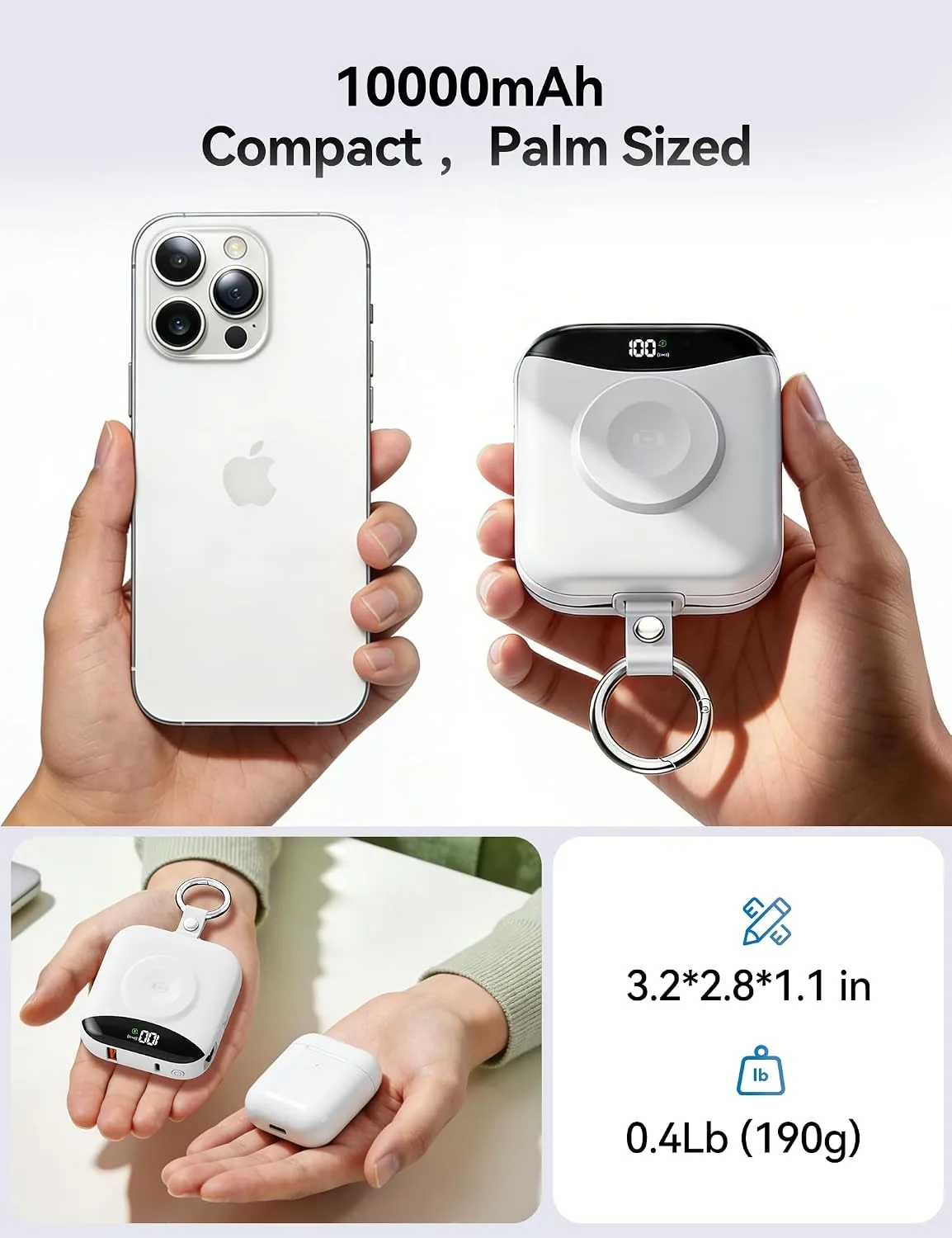 Portable Charger 10000mAh 22.5W Power Bank Built-in 2 Cables Keychain