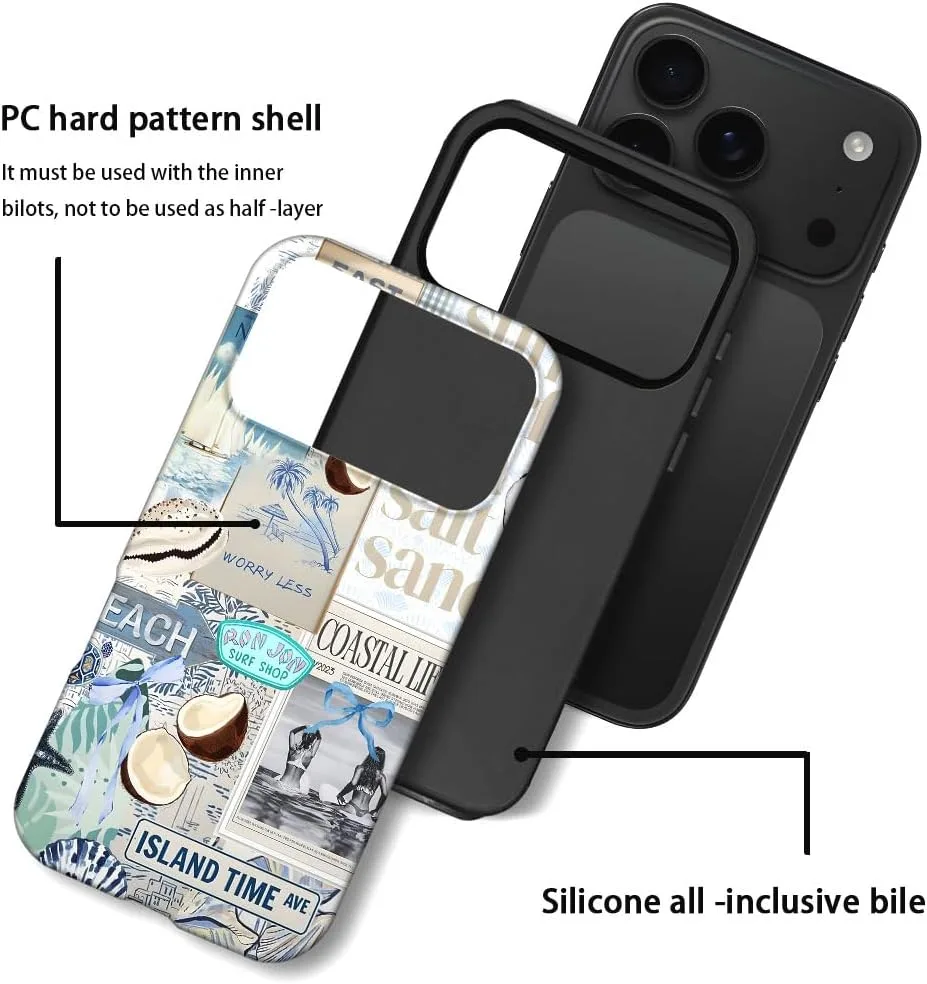 Case Compatible with iPhone 18 Pro/iPhone 17 Pro,Fall Prevention Hybrid 2-Layer Hard Shell Phone Cover for Girls Boys,Beach Coast Collage