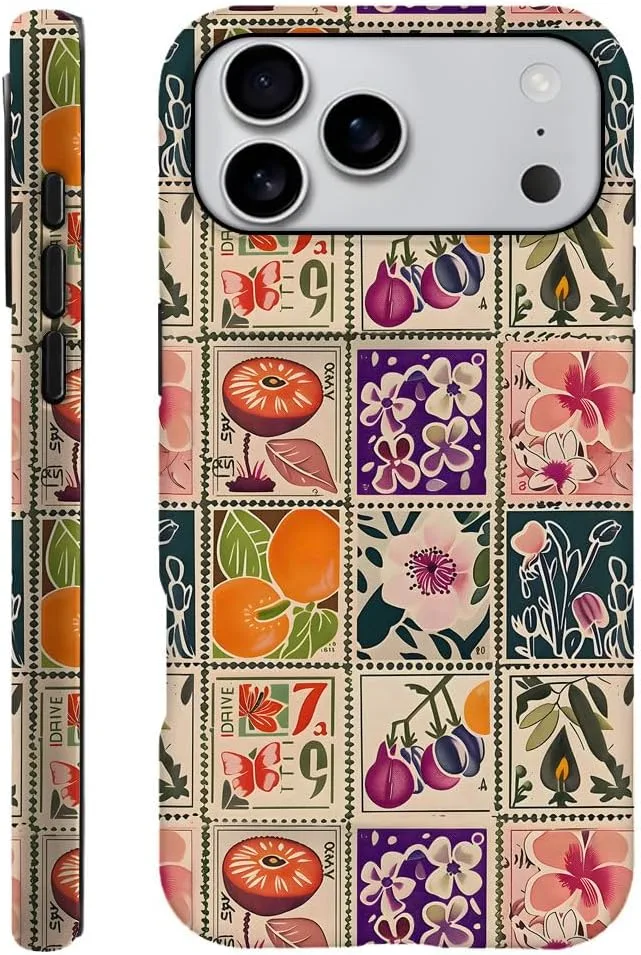Case Compatible with iPhone 18 Pro Max/iPhone 17 Pro Max,Fall Prevention Hybrid 2-Layer Hard Shell Phone Cover for Girls Boys,Vintage Flower Orange Stamp Collage