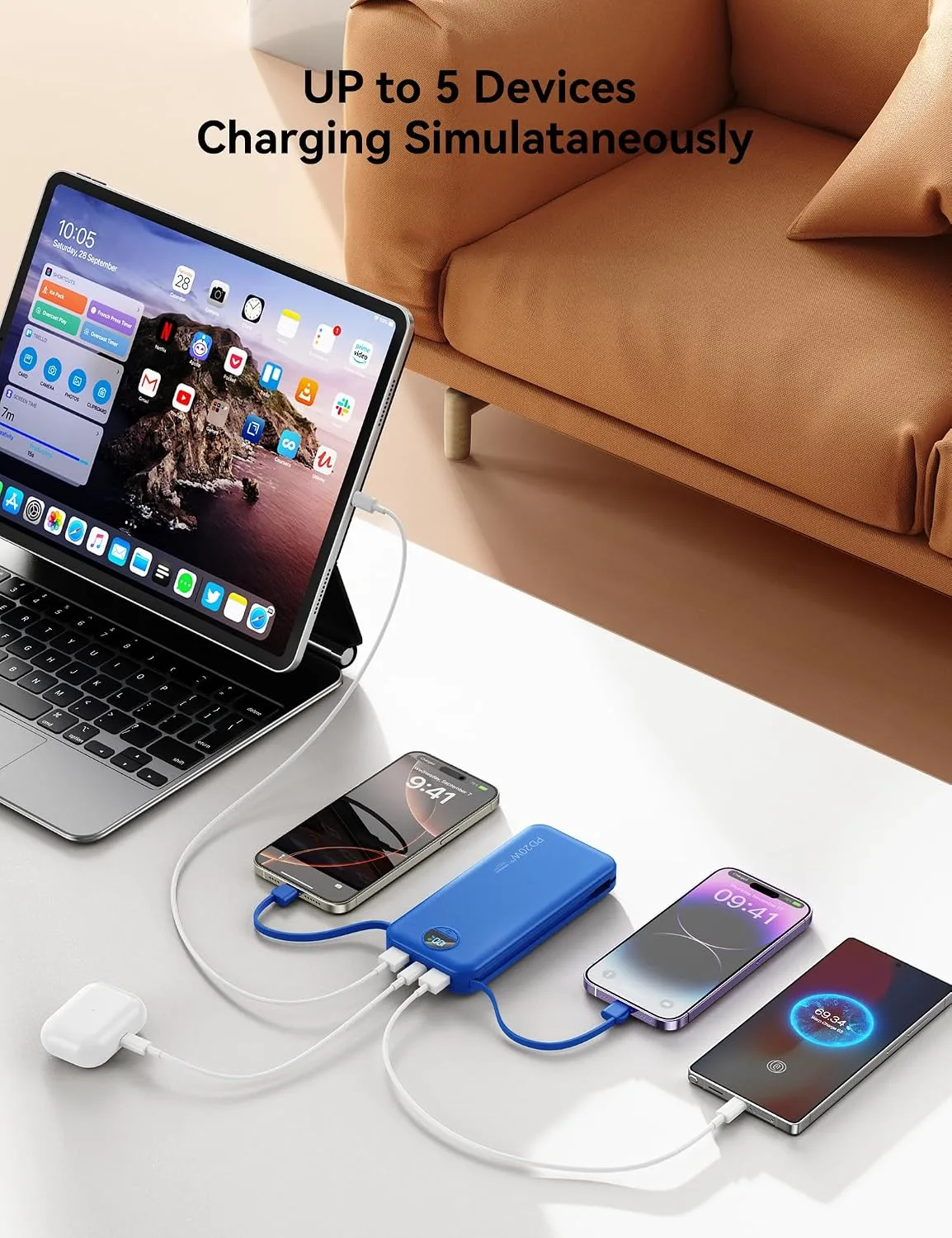 Portable Charger Power Bank 10000mAh with Built in Cables & Wall Plug