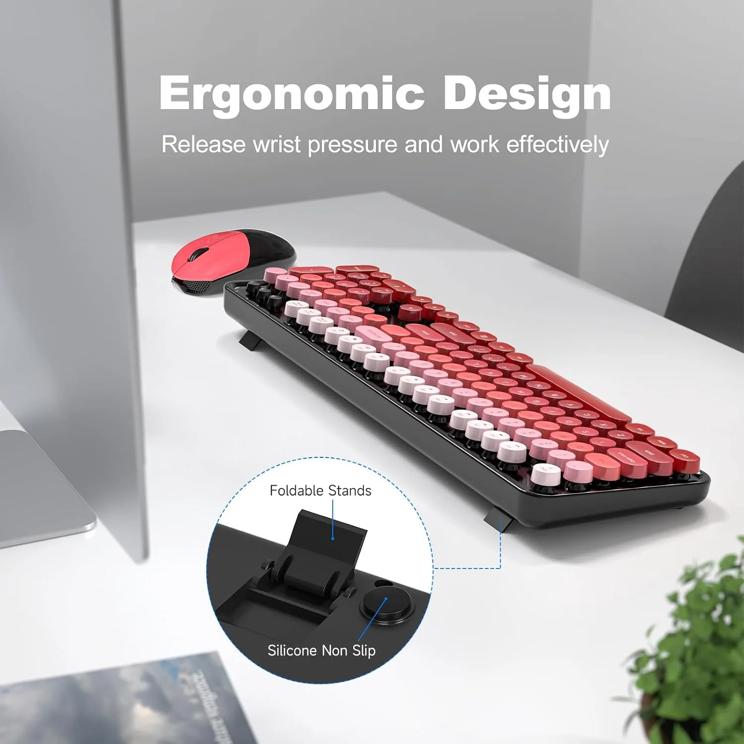 MOFII Wireless Keyboard and Mouse Combo, Full Size 2.4G Plug and Play Typewriter Retro Round Computer Keyboard and Mouse Set for Windows, Computer, Desktop, PC, Notebook - (Black Red Gradient)