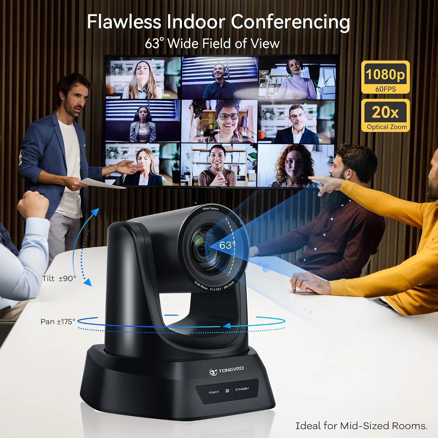 TONGVEO PTZ Camera 20X Optical Zoom AI HDMI IP SDI USB3.0 60fps PoE Camera