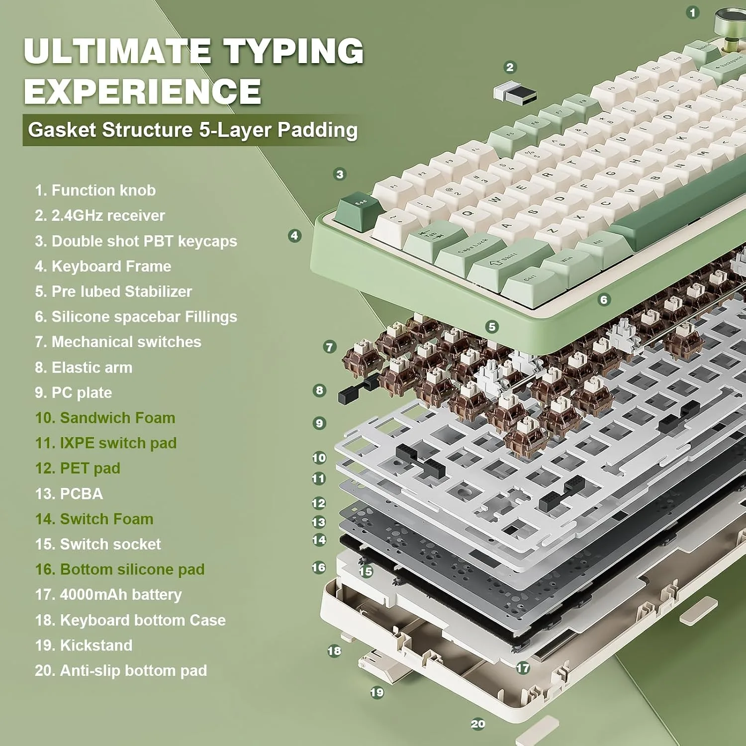 YUNZII B75 PRO 75% Wireless Mechanical Keyboard(Matcha Green,Cocoa V2)