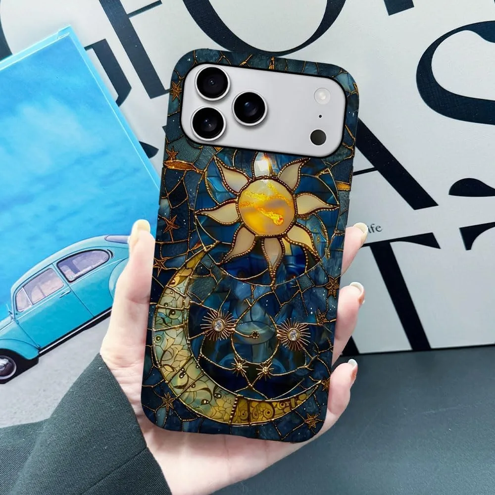 Case Compatible with iPhone 18 Pro Max/iPhone 17 Pro Max,Fall Prevention Hybrid 2-Layer Hard Shell Phone Cover for Girls Boys,Sun Moon Celestial Glass