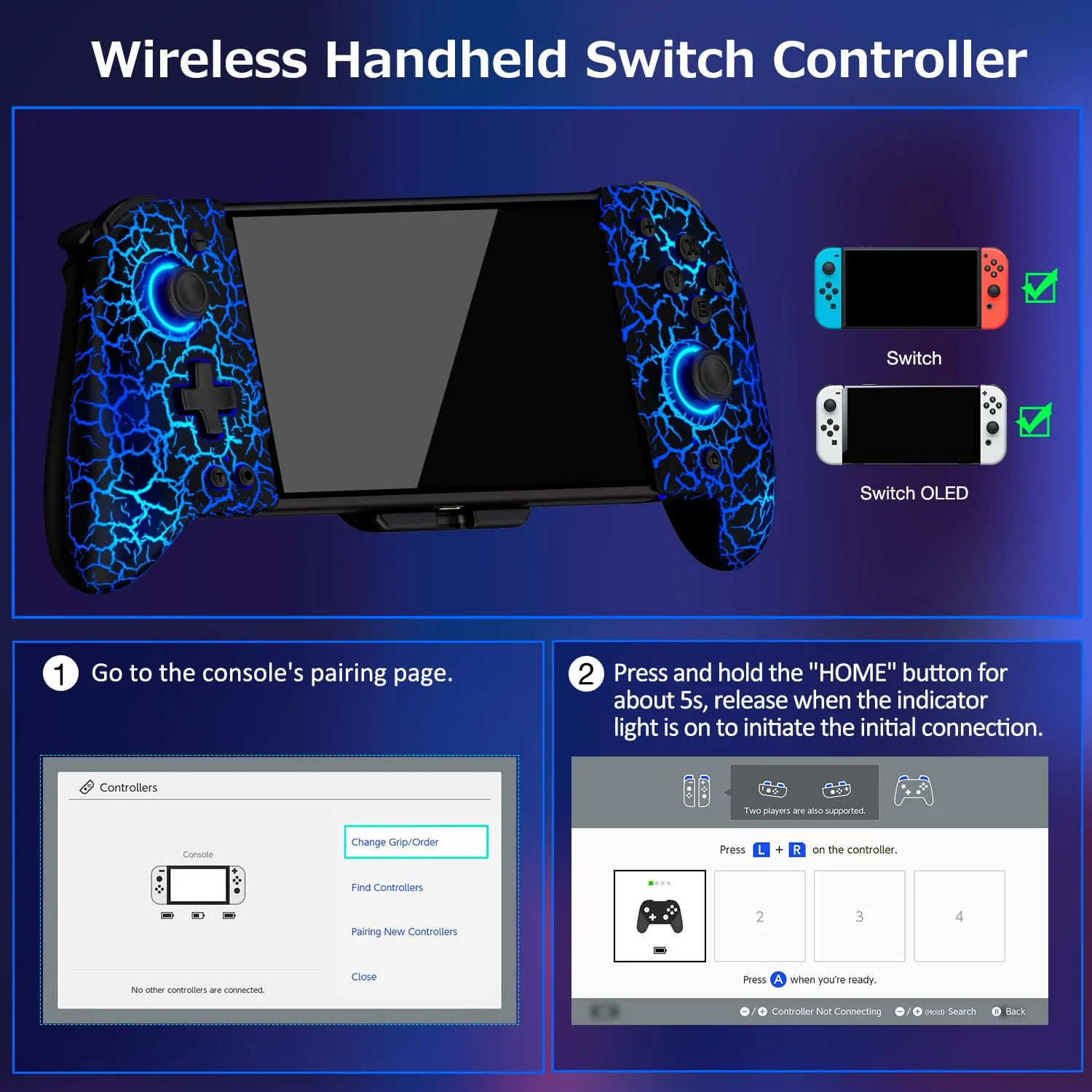 Spican Switch Controllers for Nintendo Switch/OLED, Hall Effect Wireless Pro Controller One-Piece Joypad, Full-Size Ergonomic Handheld Mode Gamepads with 17 RGB Light/Battery/Turbo/Macro/4 Game Slot