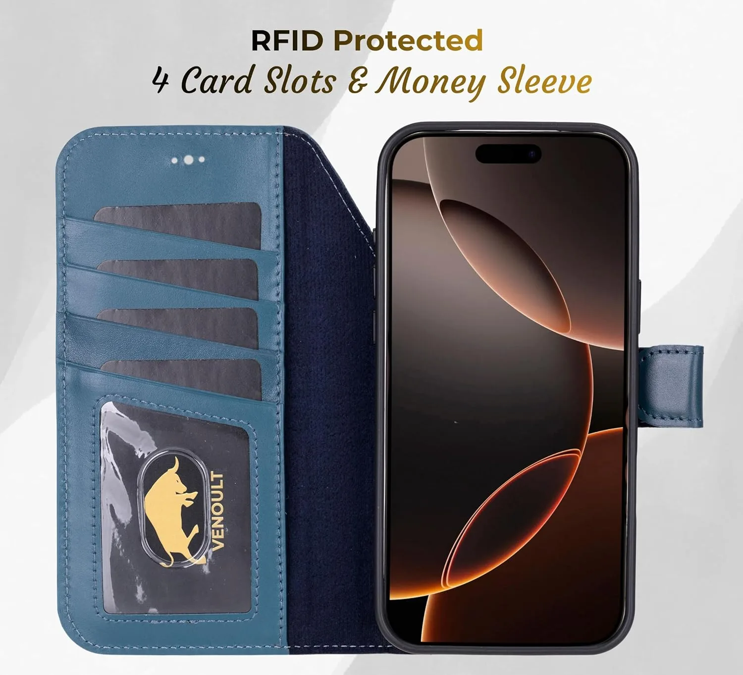 VENOULT Wallet Case for iPhone, Full Grain Genuine Turkish Leather, Magnetic Detachable, RFID 4 Card Slots, Business Style, Compatible with MagSafe (Admiral Blue, iPhone 17 Pro)
