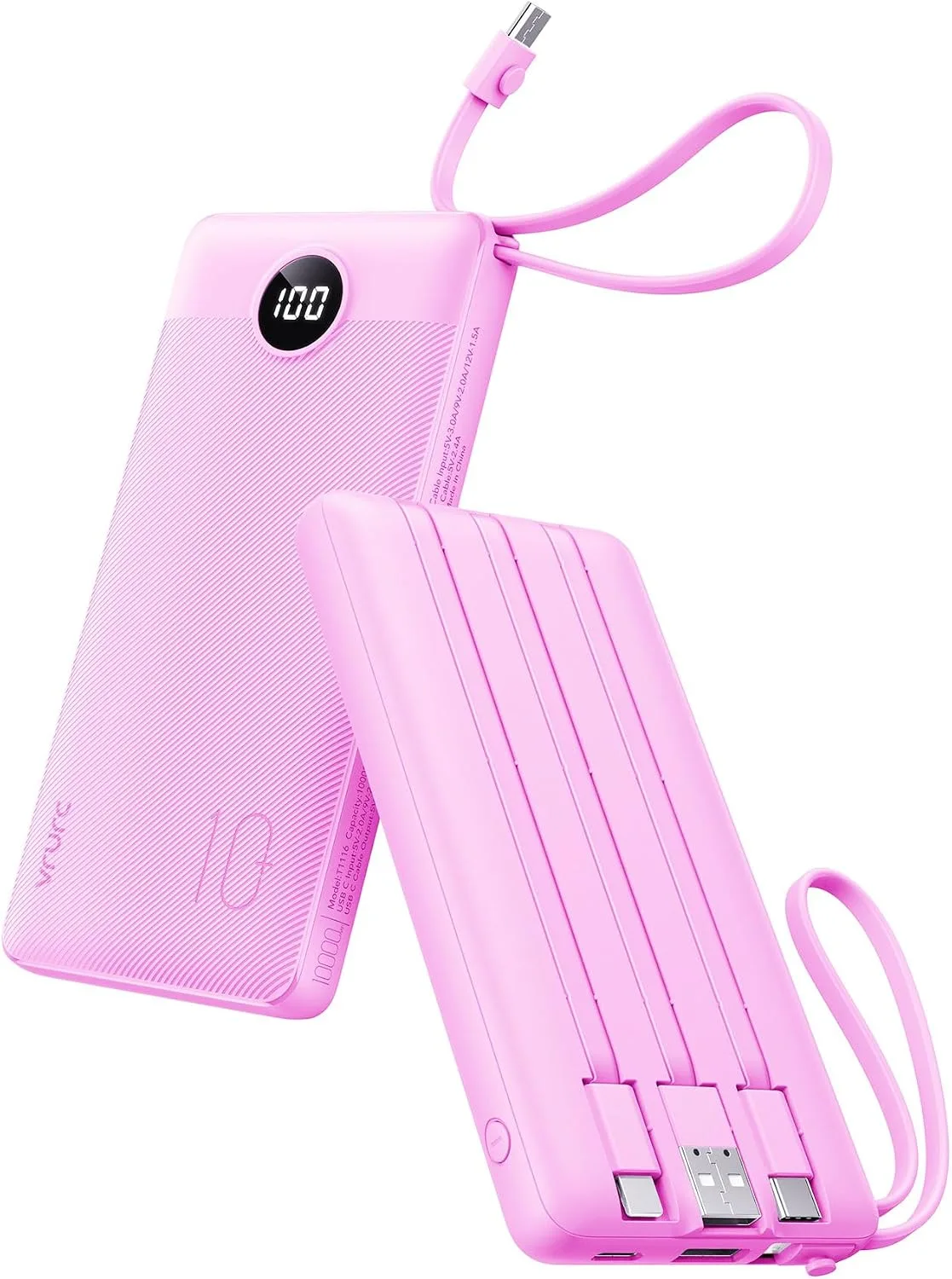 VRURC Portable Charger, Slim Power Bank Built-in 4 Cables, Travel Essential