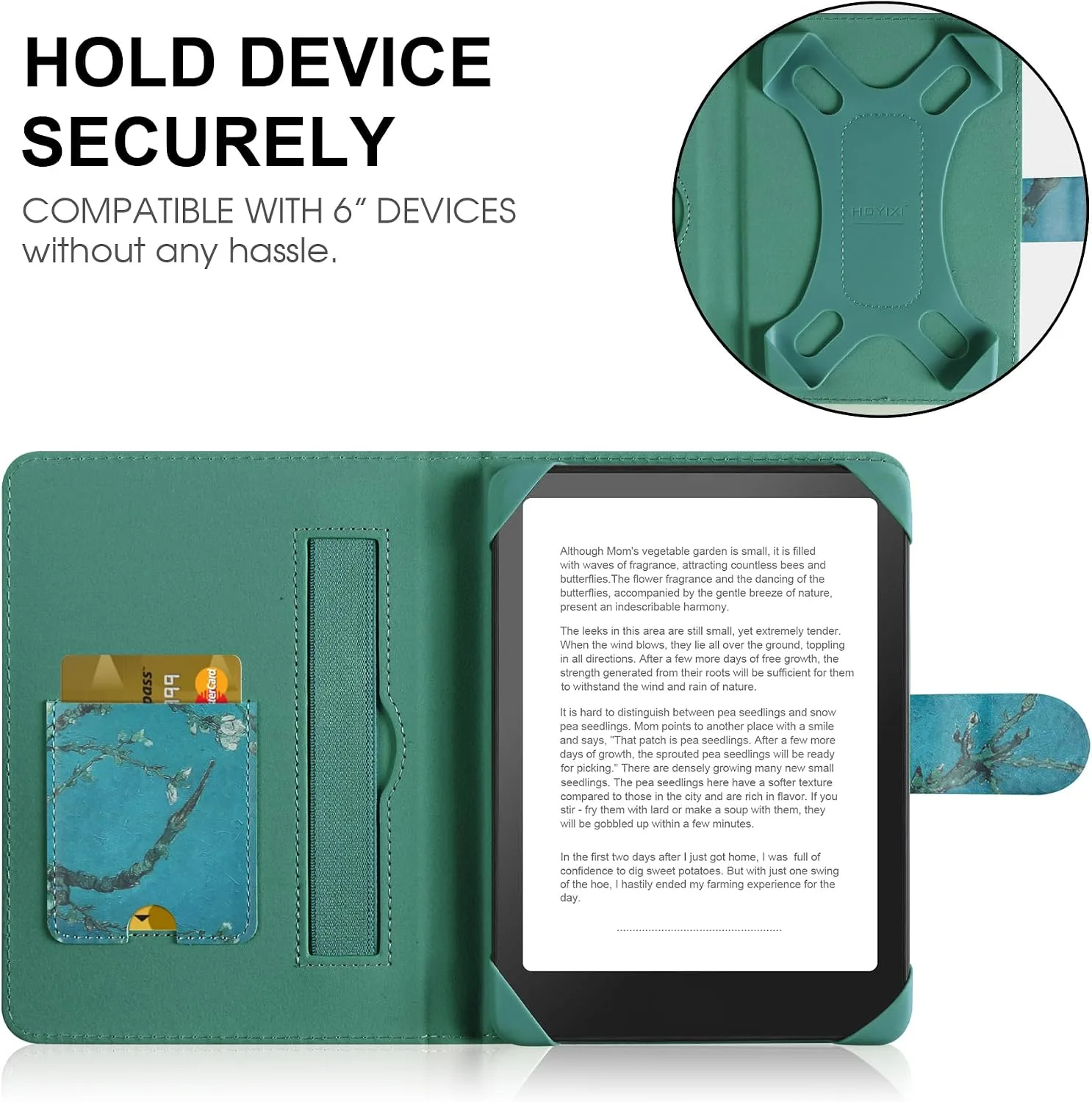 HoYiXi Universal Case for 6-inch Kindle eReader Compatible with Kobo/Voyaga/Pocketbook/Tolino E-Book Reader,6'' eReader Protective Cover with Built-in Card Slot,Flower