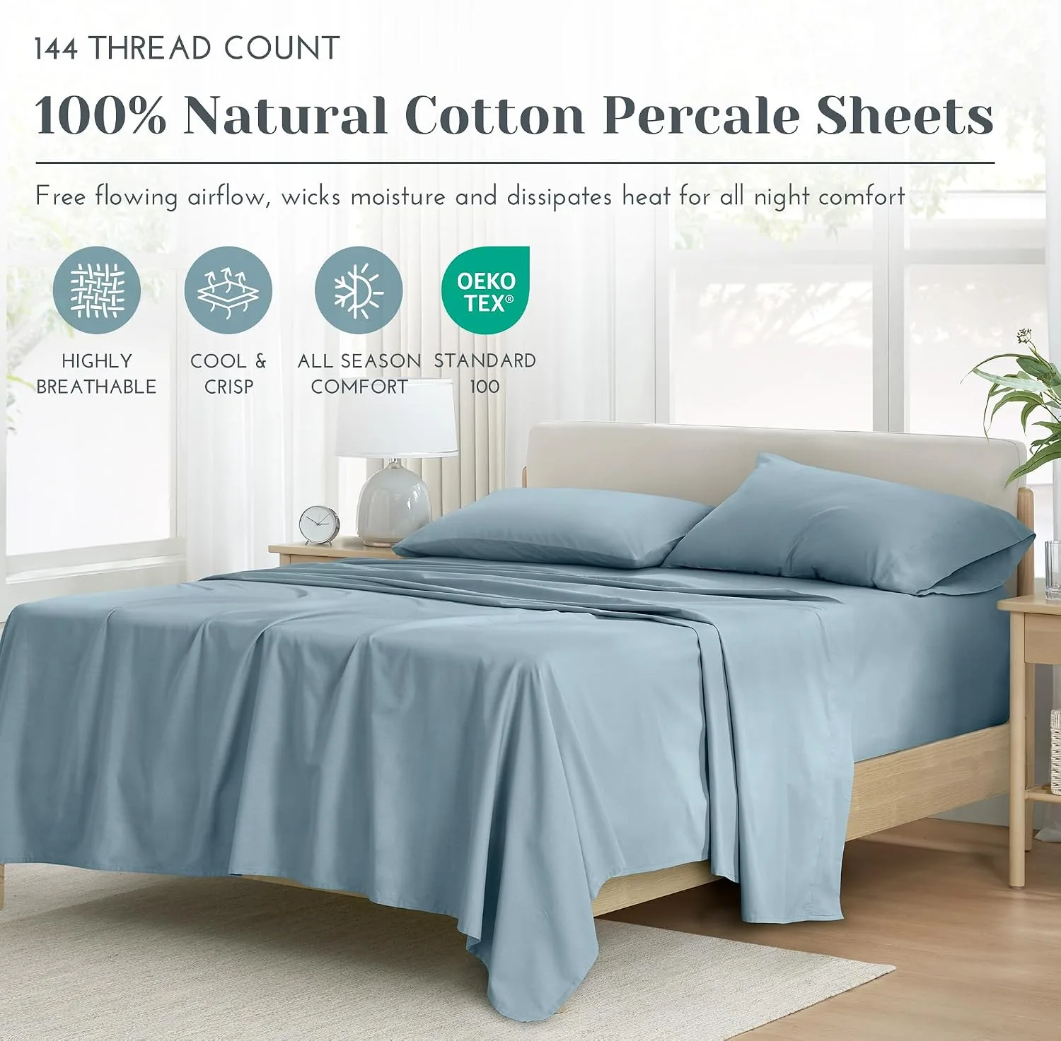 Comfort Spaces 100% Cotton Percale Sheets Twin Sheet Set 3 Pcs, Blue