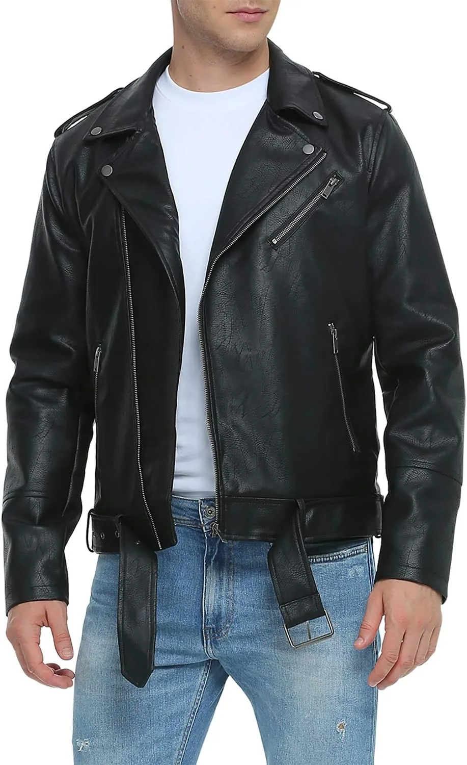 Fahsyee Leather Jackets for Men, Faux Bomber Jacket Mens Motorcycle Lapel Asymmetric Zip-Up Belt Slim Fit Biker Coat
