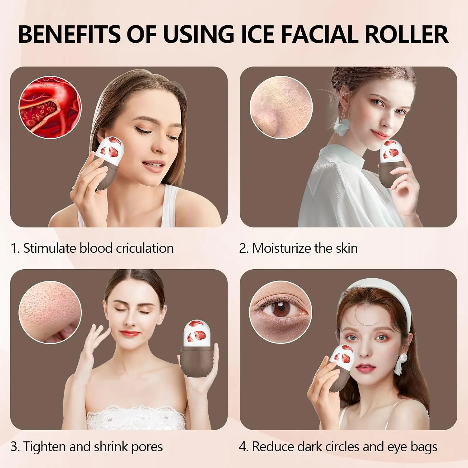 Ice Roller for Face and Eye, Silicone Ice Facial Roller Ice Holder, Face Ice Mold Skin Care, Face Icers Reusable Ice Cube Roller for Shrink Pores Anti Wrinkle Reduce Puffiness, Brown