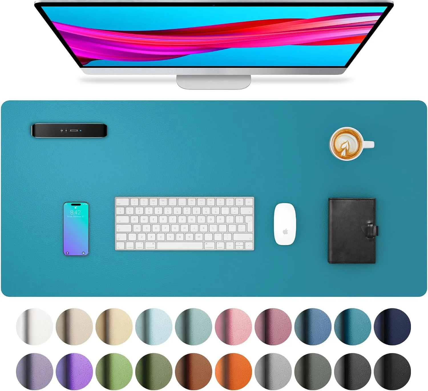 Aothia Leather Desk Pad Protector, Mouse Pad, Office Desk Mat, Non-Slip PU Leather Desk Blotter, Laptop Desk Pad, Waterproof Desk Writing Pad for Office and Home (Turquoise,23.6" x 13.7")