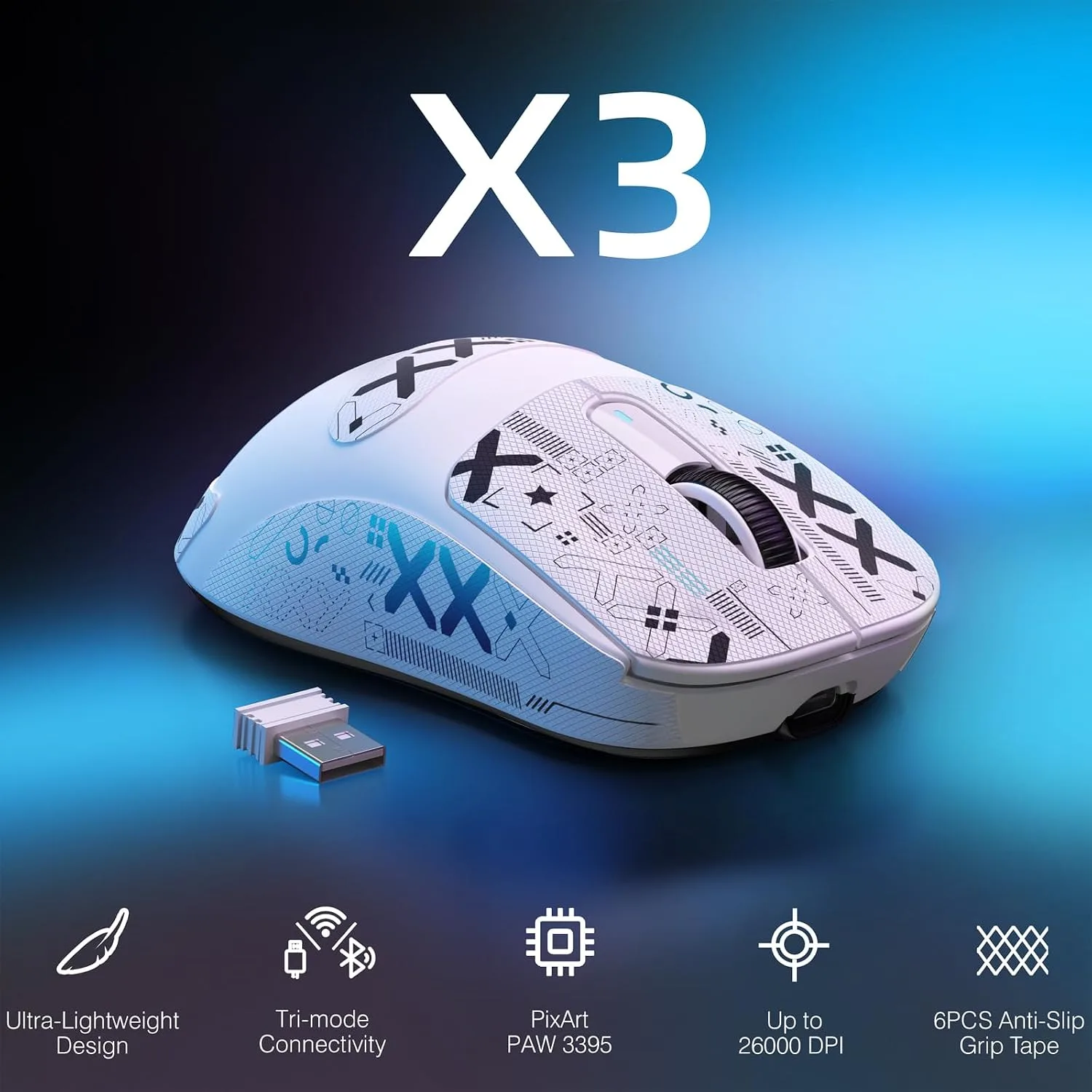 ATTACK SHARK X3 49g Ultra-Lightweight Wireless Gaming Mouse, White&Tape