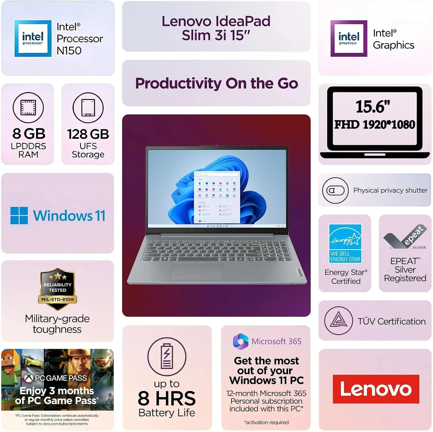 Lenovo 15.6" FHD Business Laptop, Intel Processor, 8GB DDR5, 128GB Storage