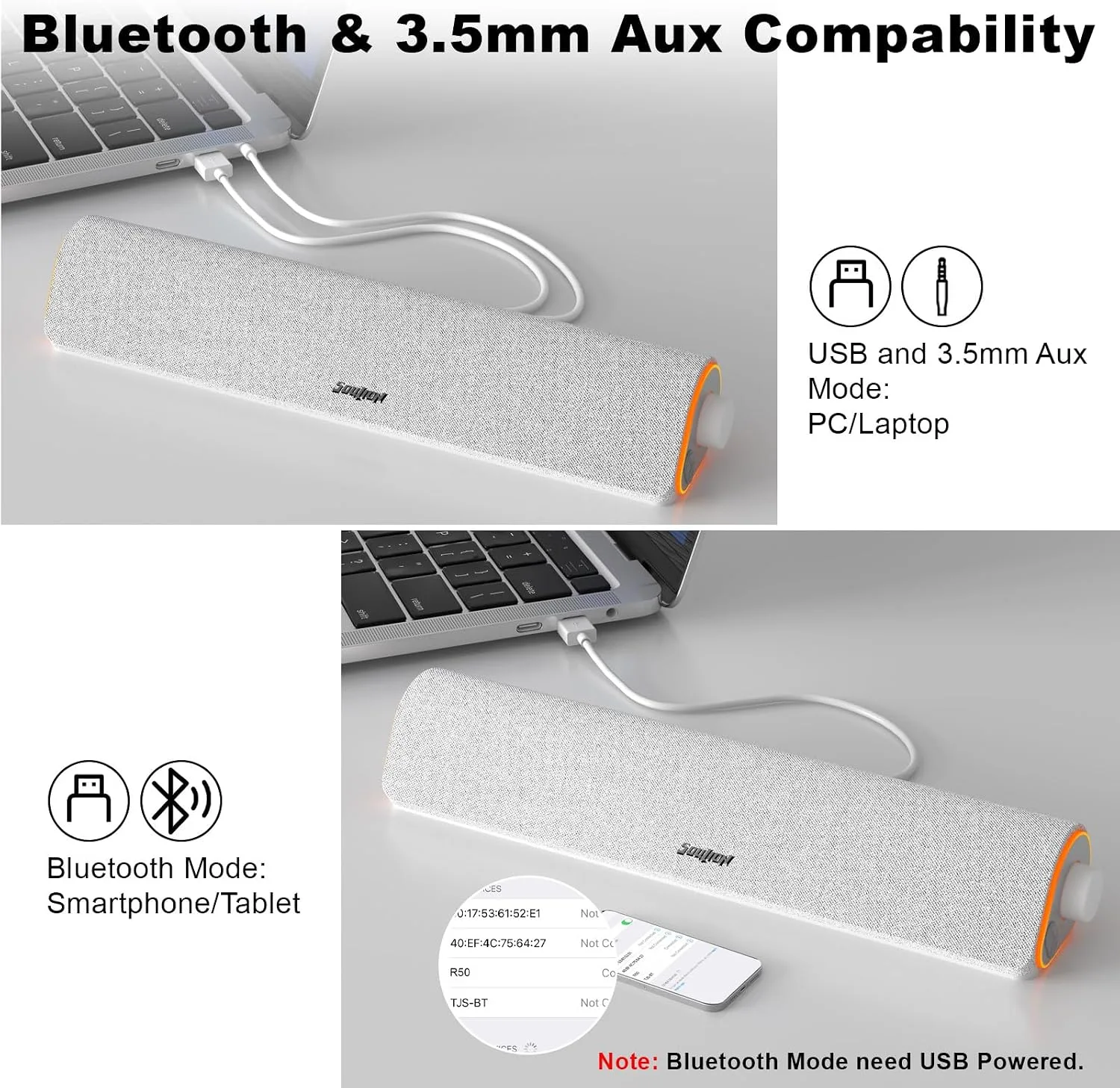 SOULION R50 Bluetooth Computer Speakers, USB Powered & 3.5 Aux White