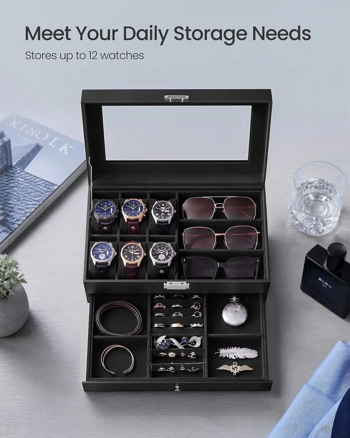SONGMICS Watch Box for Men, 2-Tier Case with 6 Slots and Glass Lid