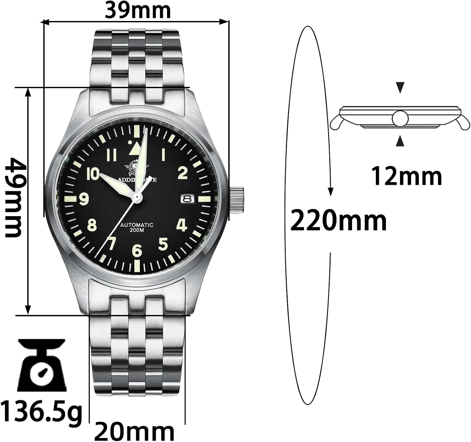 ADDIESDIVE Automatic Watches for Men Stainless Steel Diver 200 M Luminescent Analog Business Casual Dress Watch Men