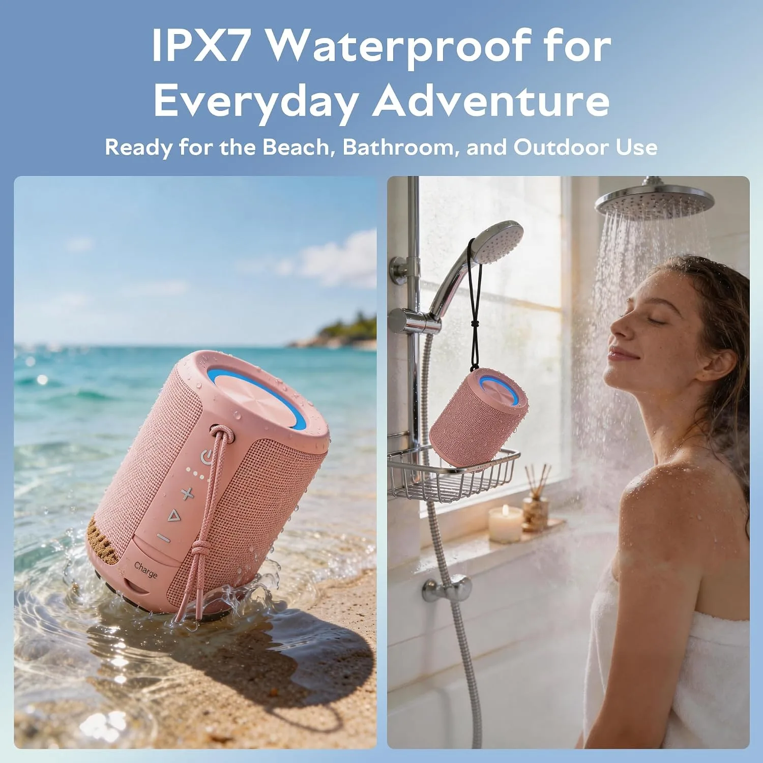 Portable Bluetooth Speaker, IPX7 Waterproof Wireless Speaker with 20W Loud Stereo Sound, 15H Playtime & Beat-Synced RGB Light, Small Outdoor Speaker for Shower, Pool, Beach,Hiking,Gifts(Pink)