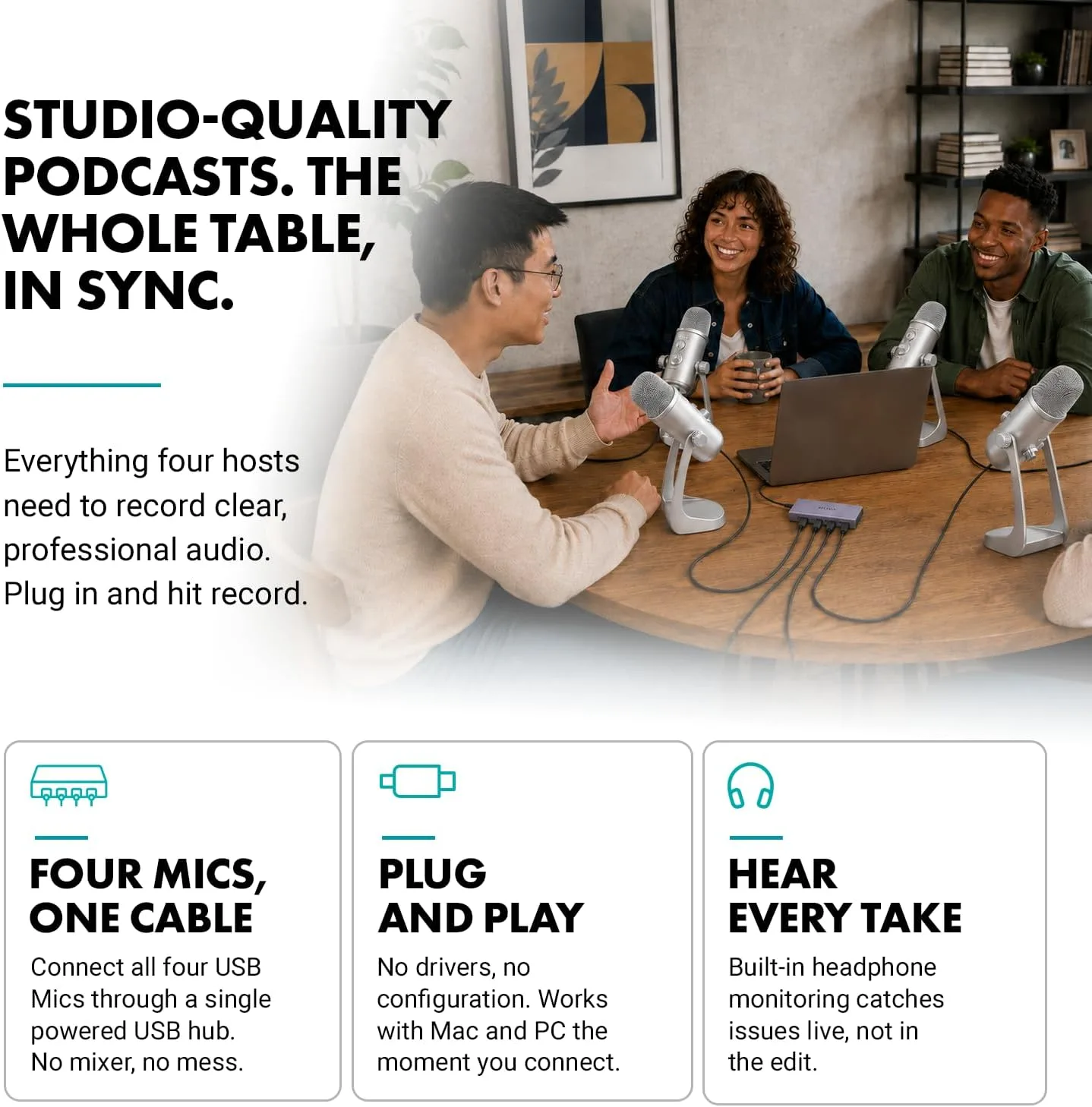 Movo 4-Person USB Podcast Equipment Bundle – 4 Condenser Mics, Hub & Case