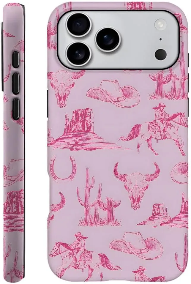 Case Compatible with iPhone 18 Pro Max/iPhone 17 Pro Max,Fall Prevention Hybrid 2-Layer Hard Shell Phone Cover for Girls Boys,Pink Hat Horse Western Cowboy
