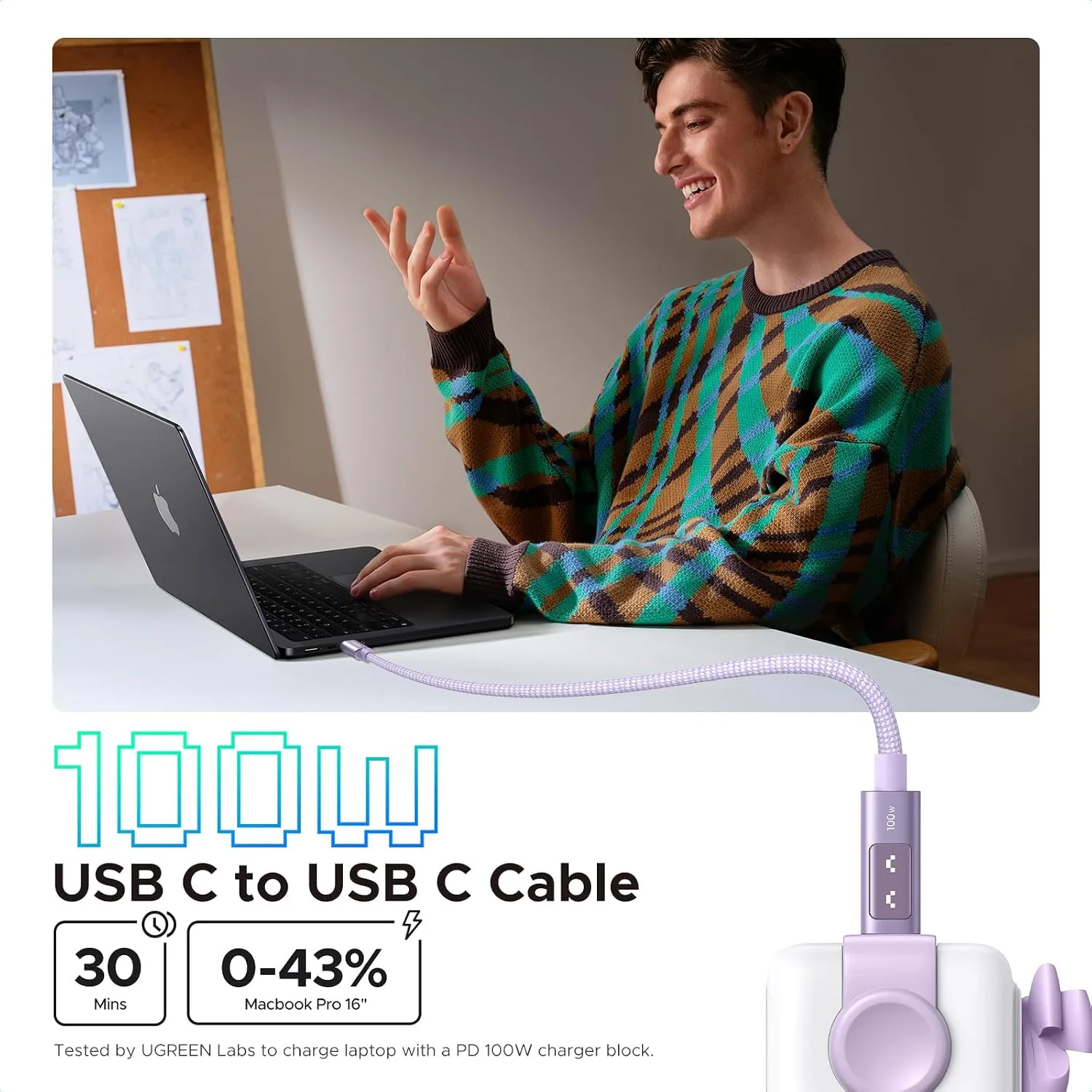 UGREEN Uno USB C Cable 100W with LED Display, Fast Charging, 10ft, Purple