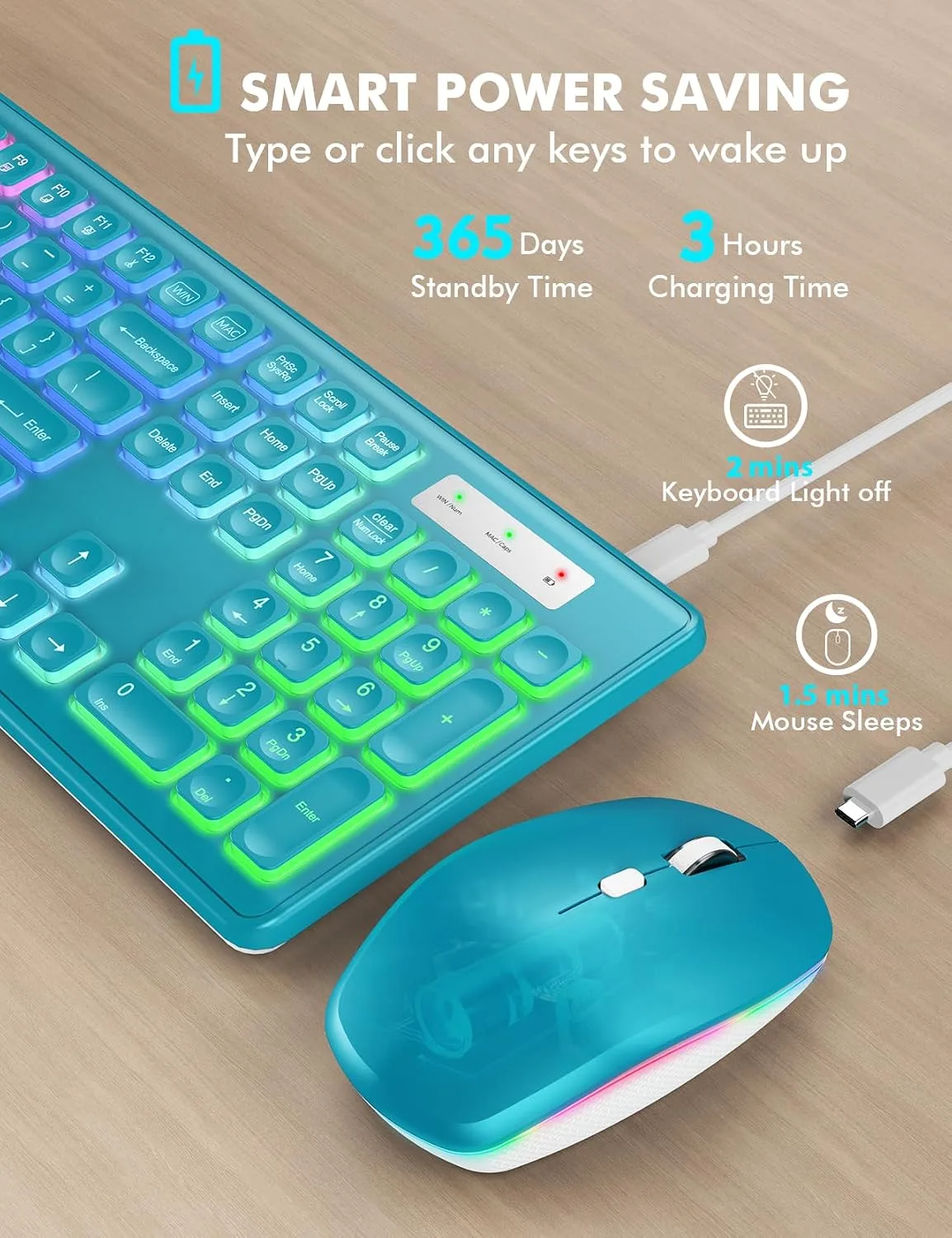 Wireless Keyboard and Mouse Combo with RGB Backlit, Rechargeable
