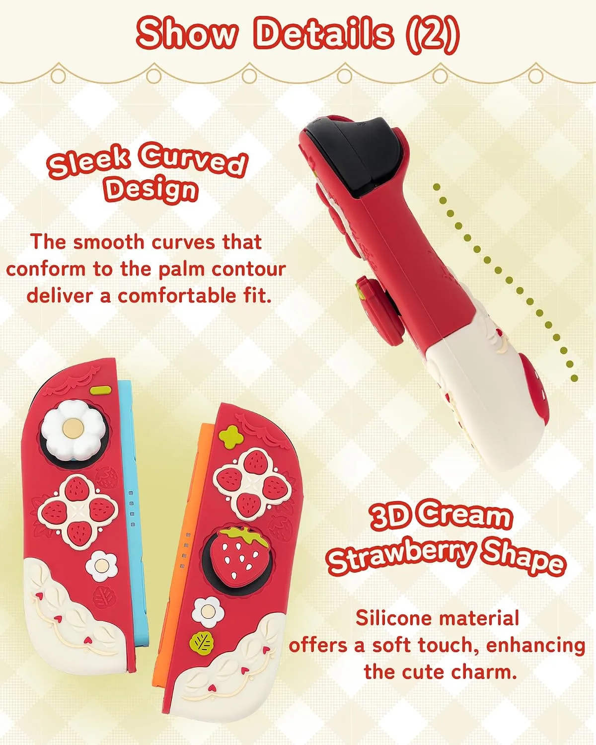 GeekShare Strawberries with Cream Case Compatible with Switch 2, Slim Separable Soft Silicone Protective Shell with 2 Thumb Grip Caps - Red