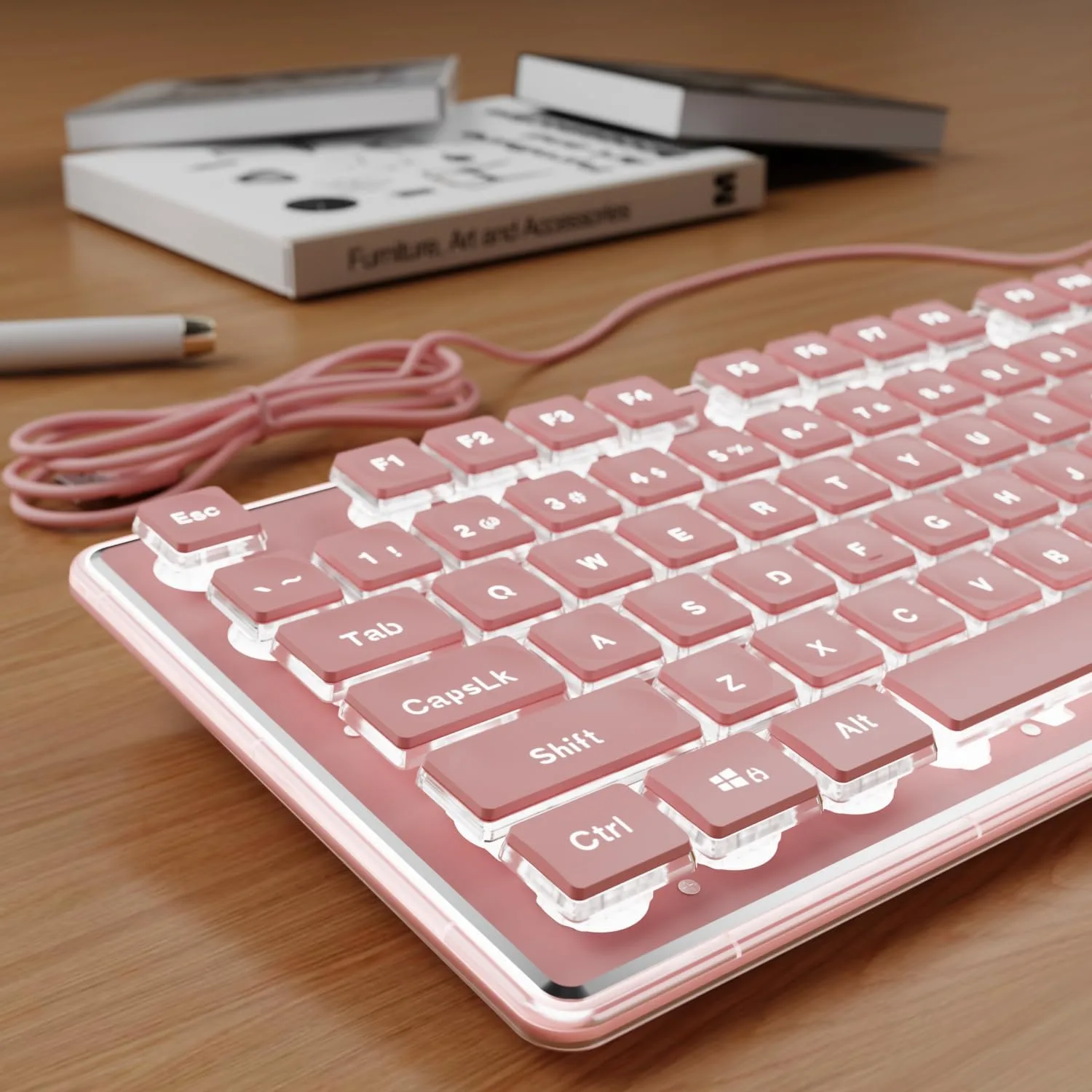 Wired Keyboard with White Backlit, Never Fade, Soft Click Typing, Pink