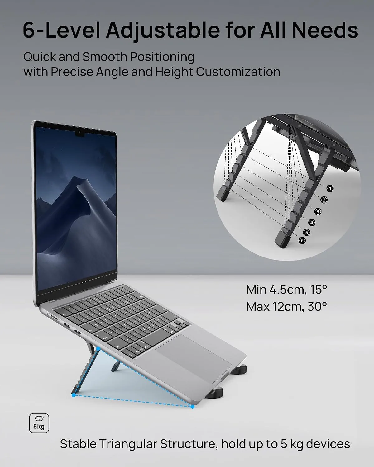 SODI Ultra Compact Foldable Laptop Stand - Portable Laptop Holder for Desk & Travel Use, Ergonomic Aluminum Computer Holder with Adjustable Height for MacBook, Tablet 10-16" (Dark Black, Bi-Fold)