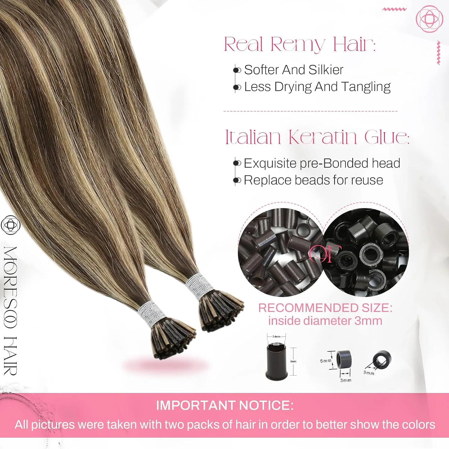 Moresoo I Tip Hair Extensions Human Hair, Brown Caramel Highlight, 20 Inch
